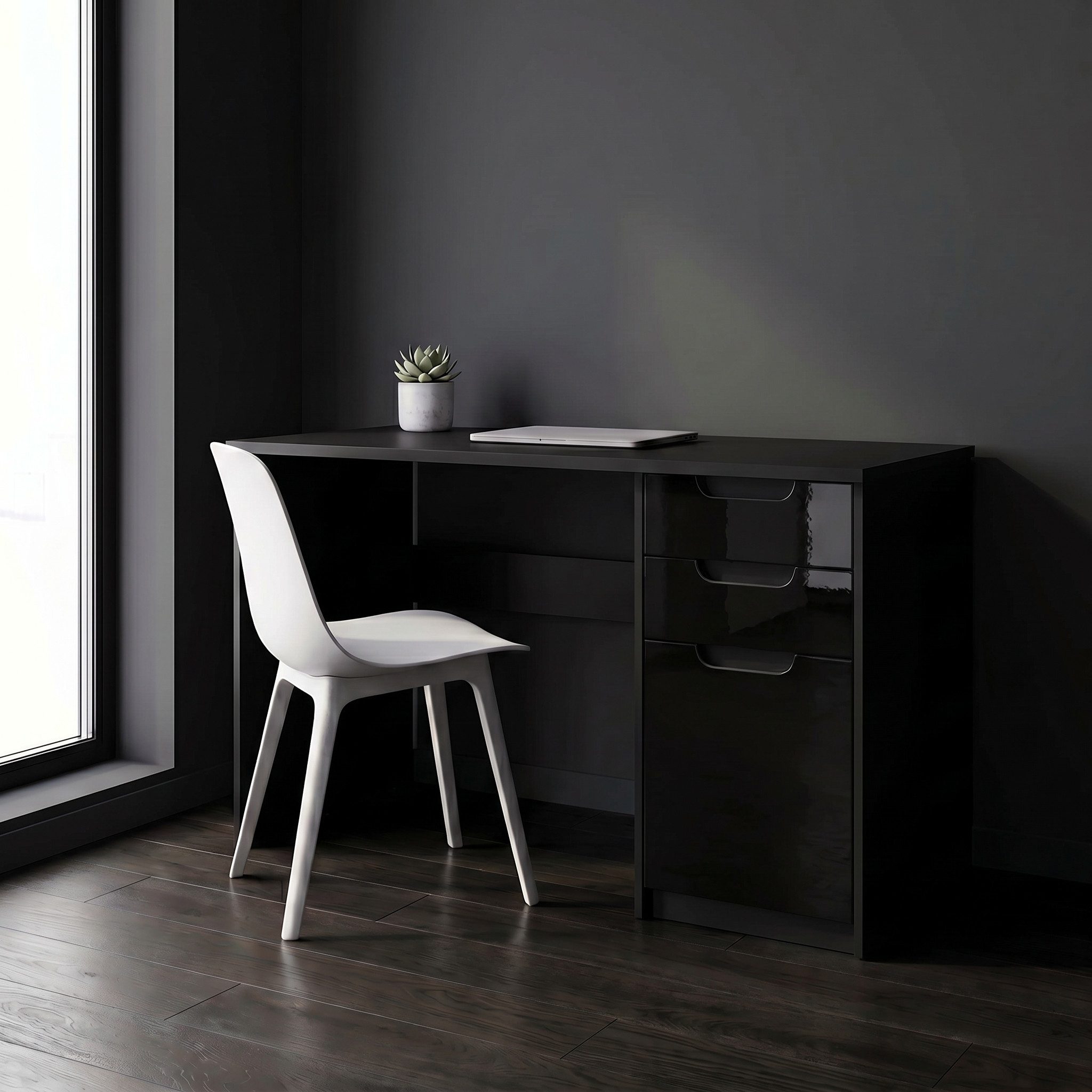 Vladon Schreibtisch Logan (Bürotisch, mit 2 Schubladen und 1 Tür), Schwarz matt/Schwarz Hochglanz (129 x 76 x 60 cm)