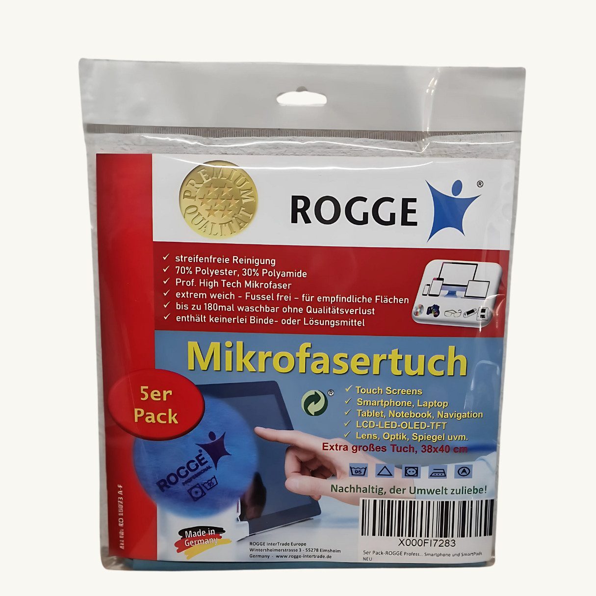 Rogge 5er Pack ROGGE Professional Microfasertücher, 38x40cm Bildschirmreinigungstuch (Set, Spar-Set, 5-tlg., 5x Microfasertücher 38x40cm, blau, Streifenfreie Reinigung dank patentierter Microfaser)