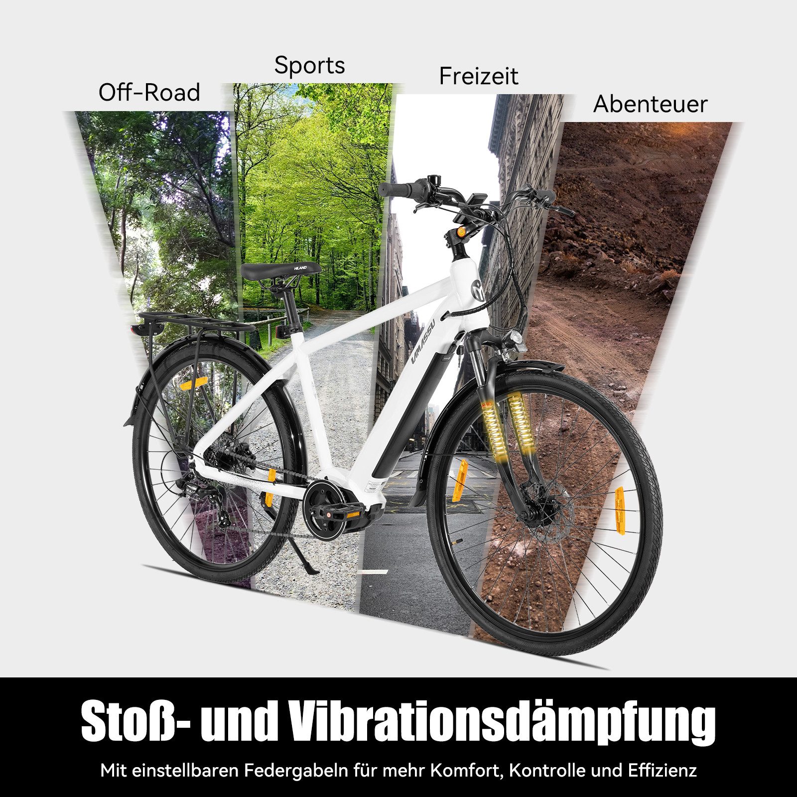 HILAND E-Bike 27 Zoll City-E-Bike Allanton 250W mit Gepäckträger & Beleuchtung, Mittelmotor