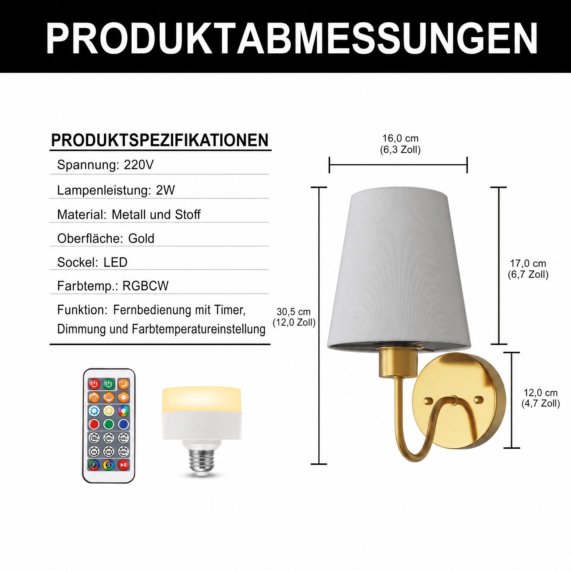 LOHAS-LED Wandleuchte Kabellose LED-Wandlampe 2er-Set mit Stoffschirm, LED wechselbar, Warmweiß bis Kaltweiß mit RGB-Farbwechsel, Wiederaufladbar RGBCW Kupfer-O – Bild 2 von 5