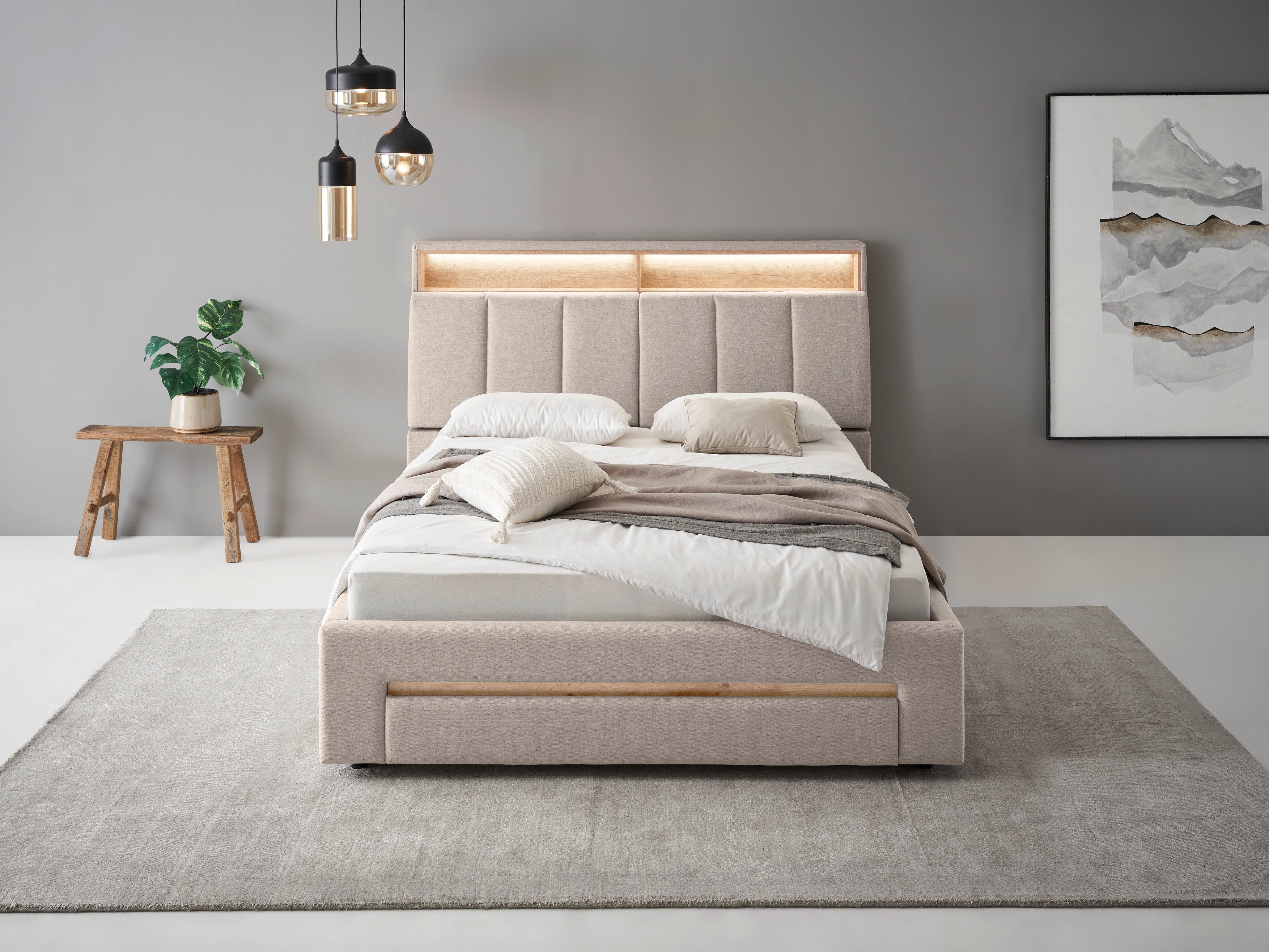 INOSIGN Polsterbett CiTY/GiRON, gepolstertes Stauraumbett, mit LED Beleuchtung, Bettkasten mit Hundebett oder als Stauraum, klappbare Kopfteile