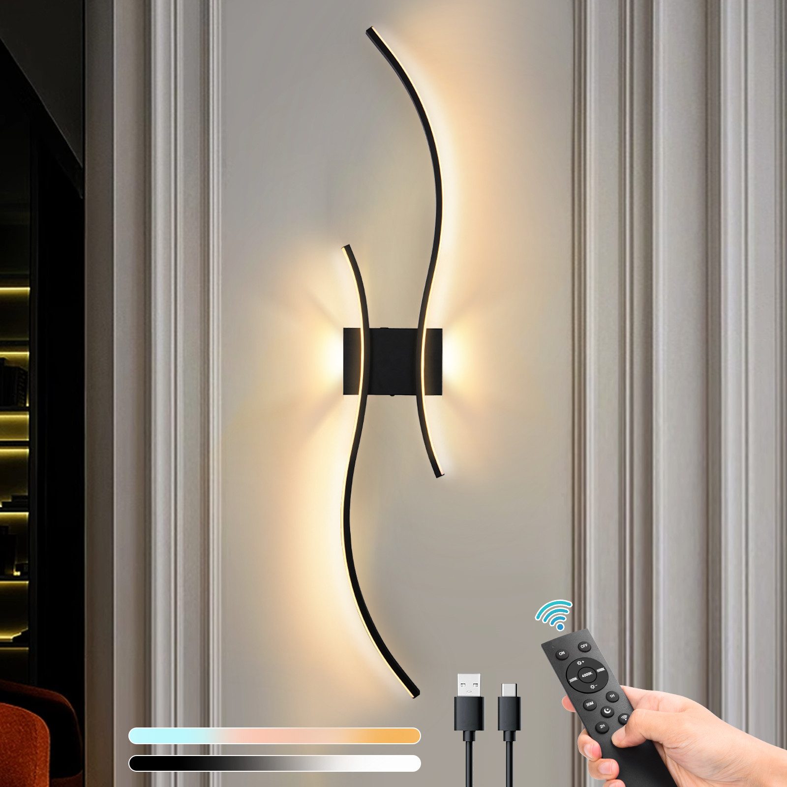 MUPOO Spiegelleuchte LED Wandleuchte Innen Dimmbar,Moderne Schwarz Wandleuchte Kabellose, 1 Stück, 3000–6000K, LED fest integriert, 100CM Lang Doppelbogen-Lampenkörper mit Fernbedienung und Kabel USB-C