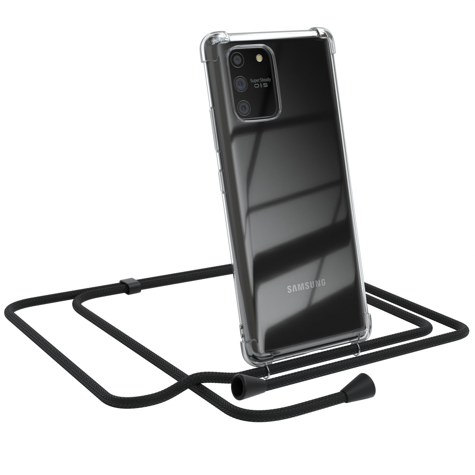 EAZY CASE Handykette Kette Clips Schwarz für Samsung Galaxy S10 Lite 6,7 Zoll, Slimcover mit Umhängeband Case Handytasche Clear Backcover Schwarz