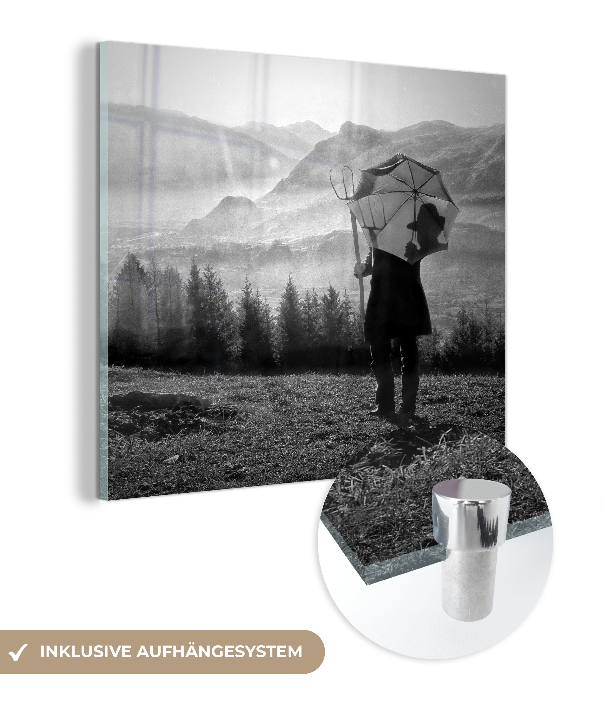 MuchoWow Acrylglasbild Landwirt mit auf und in Bilder Wanddekoration - (1 Wandbild Foto - Glas auf schwarz Glasbilder der - - Regenschirm weiß, St), Schweiz Glas