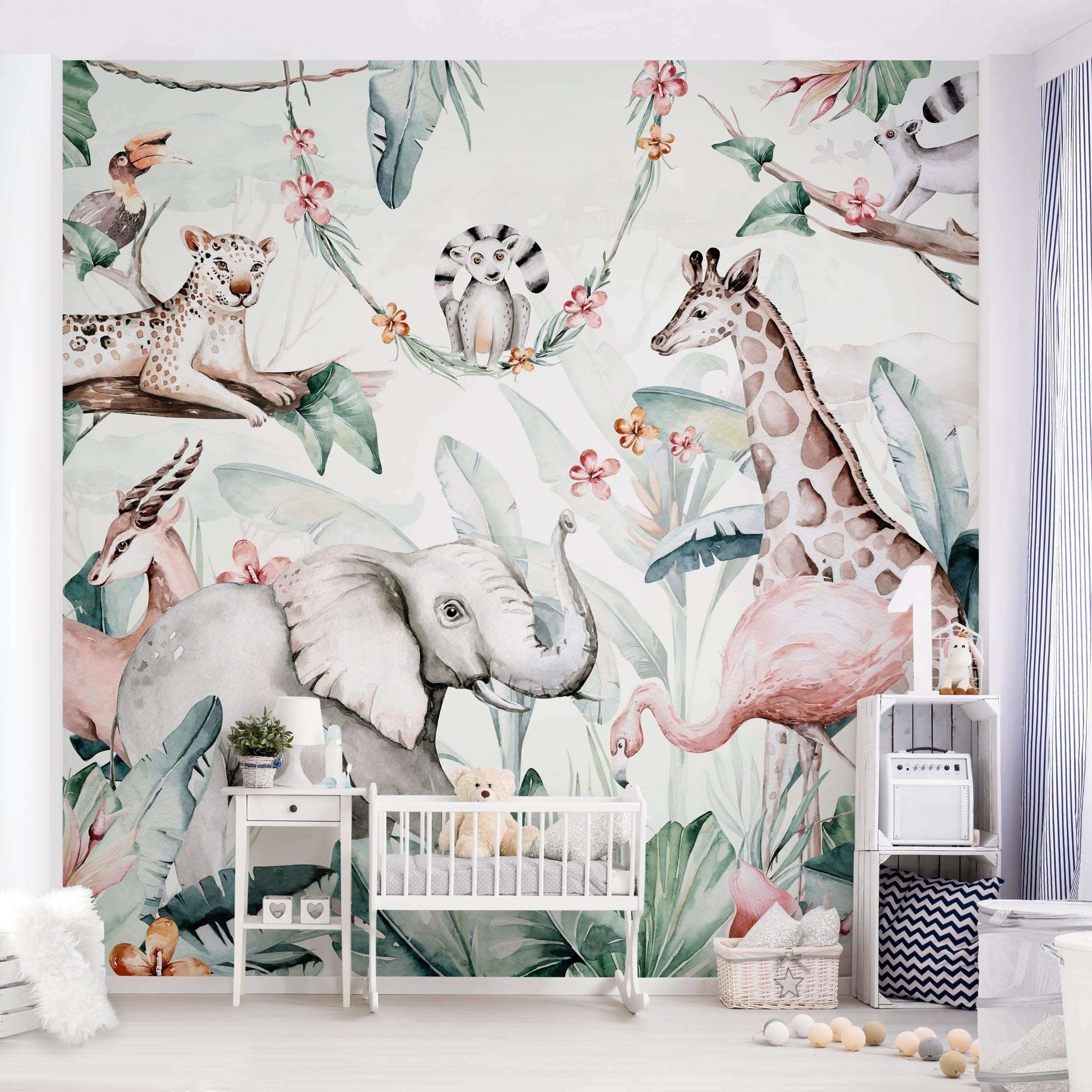 Bilderdepot24 Kindertapete Kinderzimmer Aquarell Afrika Tiere Wanddeko Giraffe Elefant Flamingo, Glatt, Matt, (Inklusive Gratis-Kleister oder selbstklebend), Mädchenzimmer Jungenzimmer Babyzimmer Bildtapete Fototapete Wandtapete