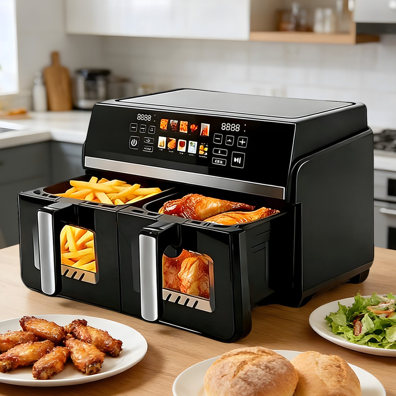 Nettlife Heißluftfritteuse AIR FRYER Dual Zone 2 Kammern 10L Gesamtvolumen 2x5L Sichtfenster Touchscreen, 2200 W, SYNC & DUAL Technologie Timer 24h spülmaschinengeeignet