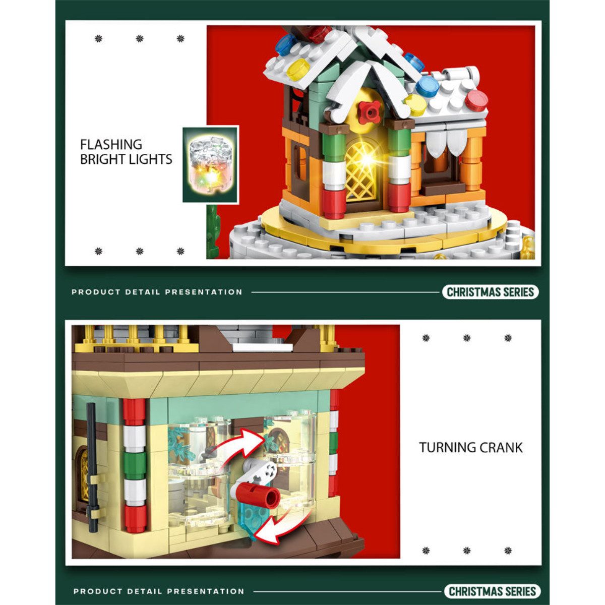 Reobrix 66004 Spielbausteine, (Klemmbaustein Set, 843 St., Bauset), Weihnachtsdorf mit Drehmechanik und integrierter Beleuchtung