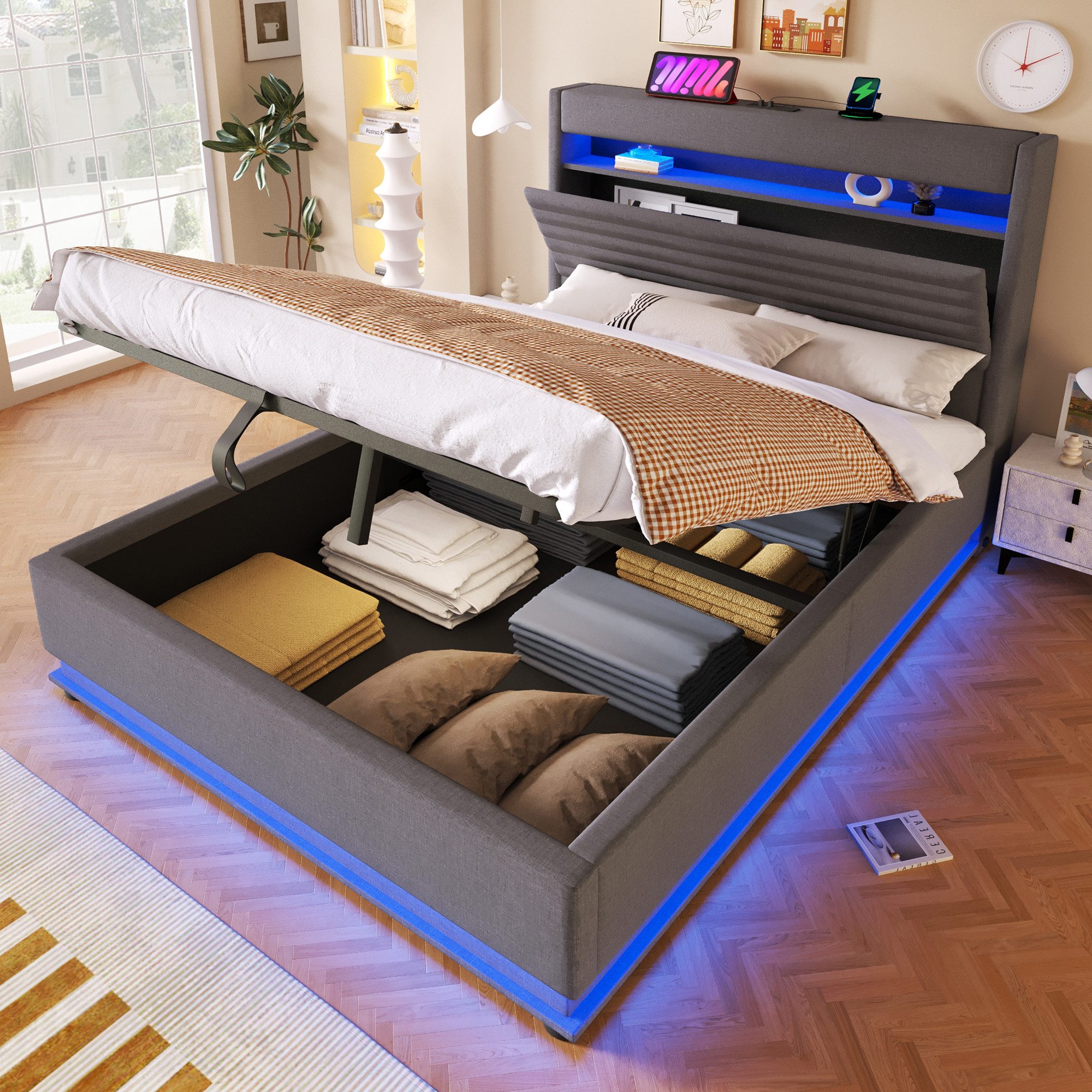 Merax Polsterbett mit LED-Beleuchtung und USB/Typ-C Ladefunktion (Leinenstoff, 1-tlg., Mehrzweckbett), Doppelbett 140x200cm mit hydraulischem Stauraum & Flip-Top-Staufach