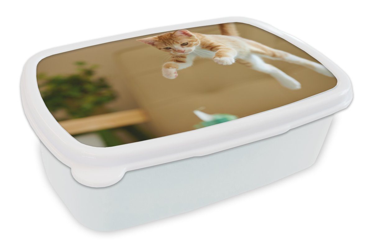 MuchoWow Lunchbox Katze - Sprung - Orange, Kunststoff, (2-tlg), Brotbox für Kinder und Erwachsene, Brotdose, für Jungs und Mädchen weiß
