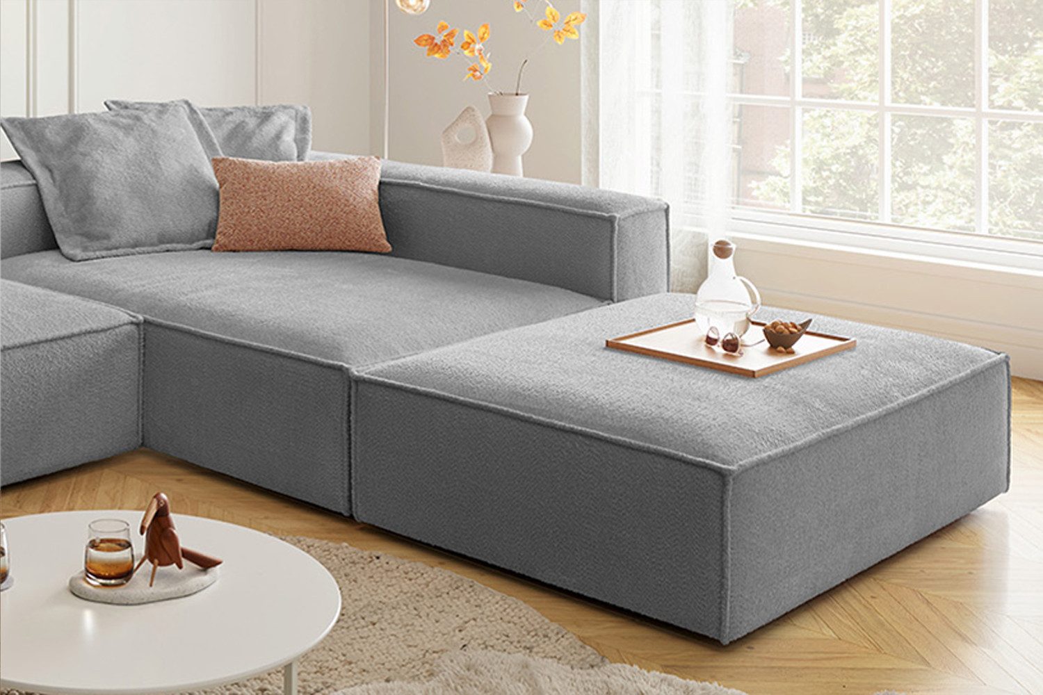 KAWOLA Ecksofa CARMO, L-Form rechts oder links mit Hocker Stoff verschiedene Farben