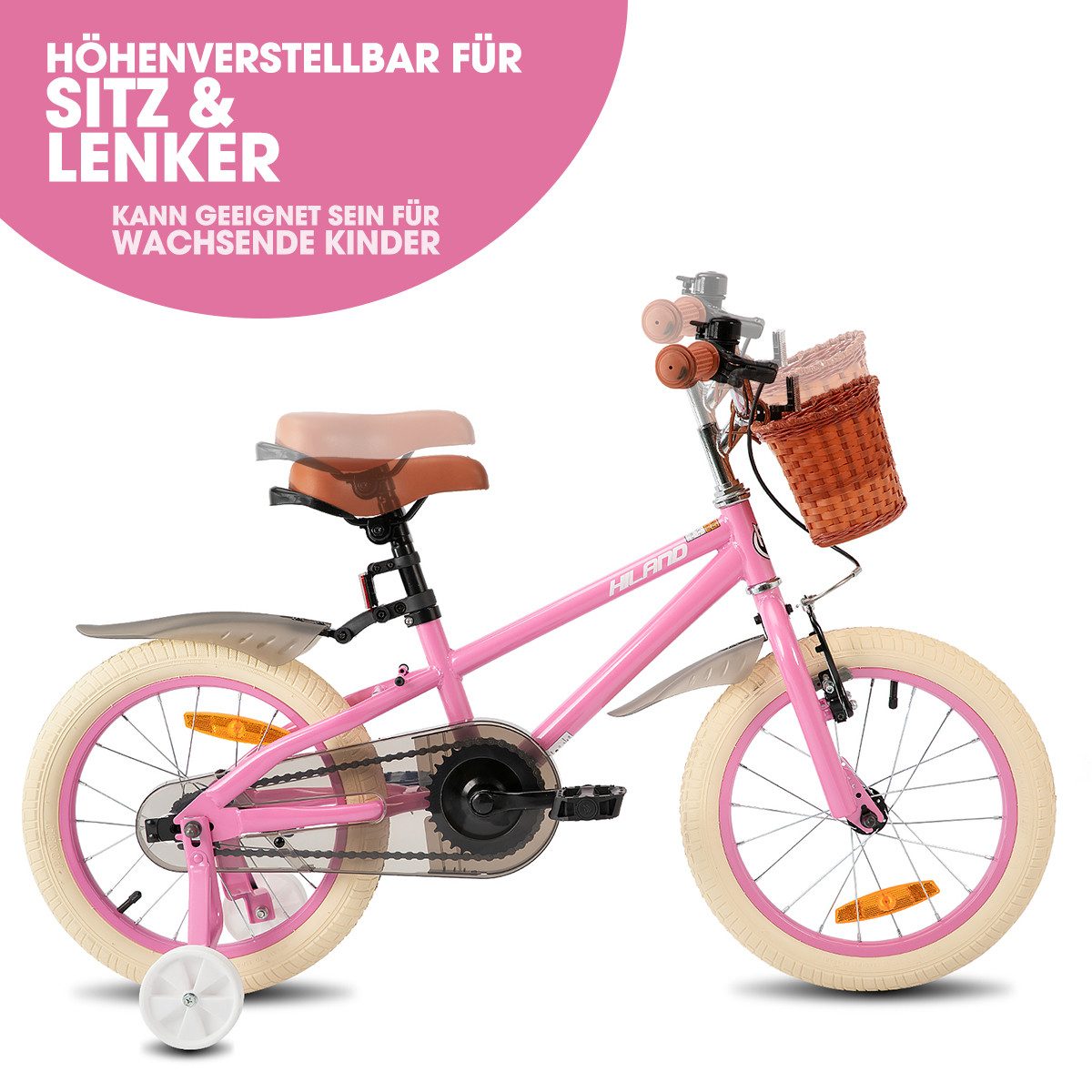 HILAND Kinderfahrrad 14 16 18 Zoll Kinderfahrrad, Kinderfahrrad für Mädchen, mit Stützrädern, Handbremse und Rücktrittbremse, Korb