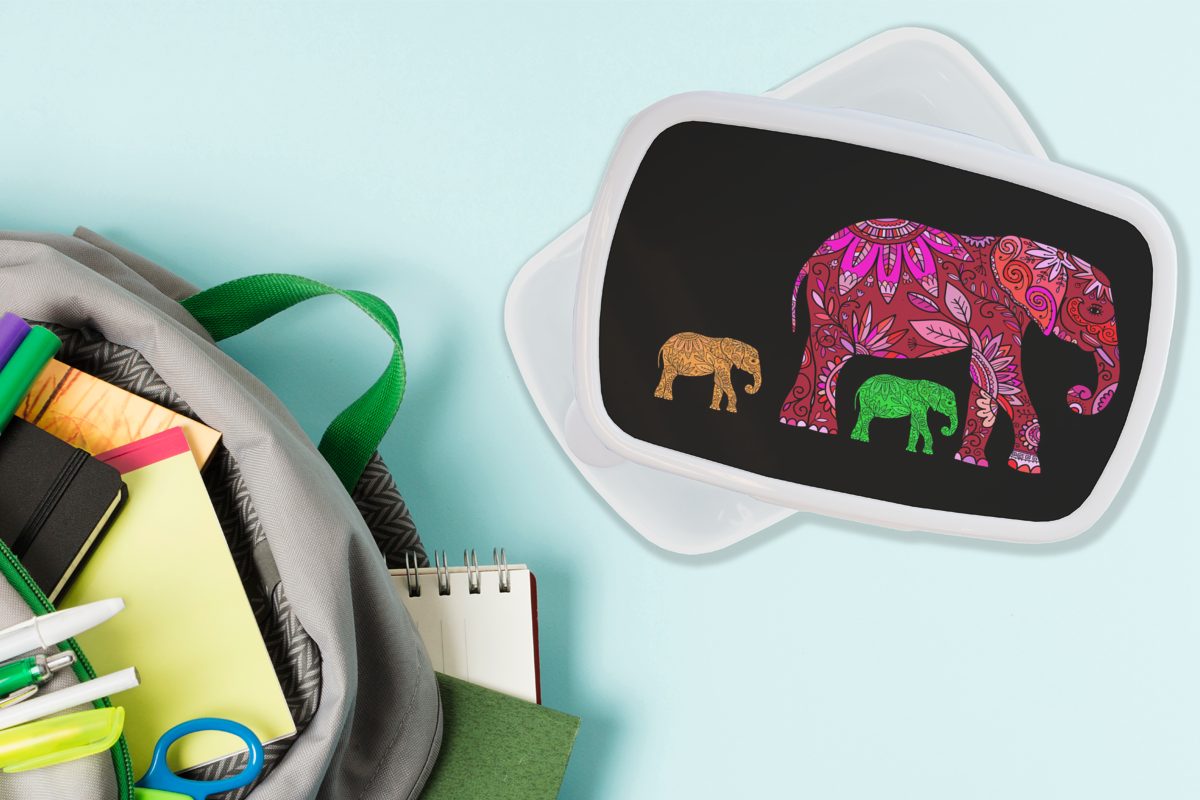 MuchoWow Lunchbox Elefanten - Brotdose, Erwachsene, Kunststoff, Blumen - Jungs und Brotbox für für Pflanzen, und (2-tlg), Muster weiß Kinder Mädchen 