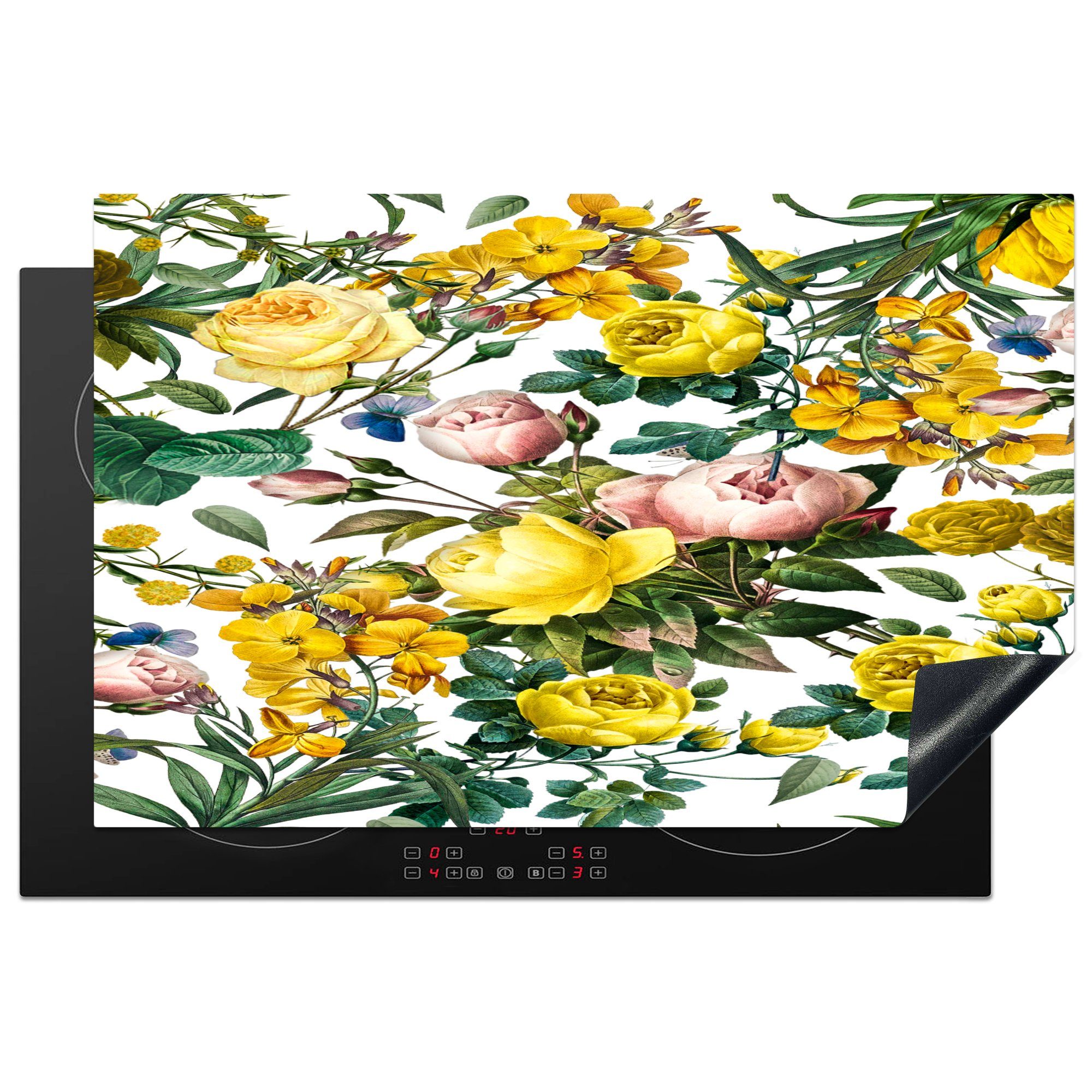 MuchoWow Herdblende-/Abdeckplatte Blumen - Gelb - Weiß, Vinyl, (1 tlg), 81x52 cm, Induktionskochfeld Schutz für die küche, Ceranfeldabdeckung