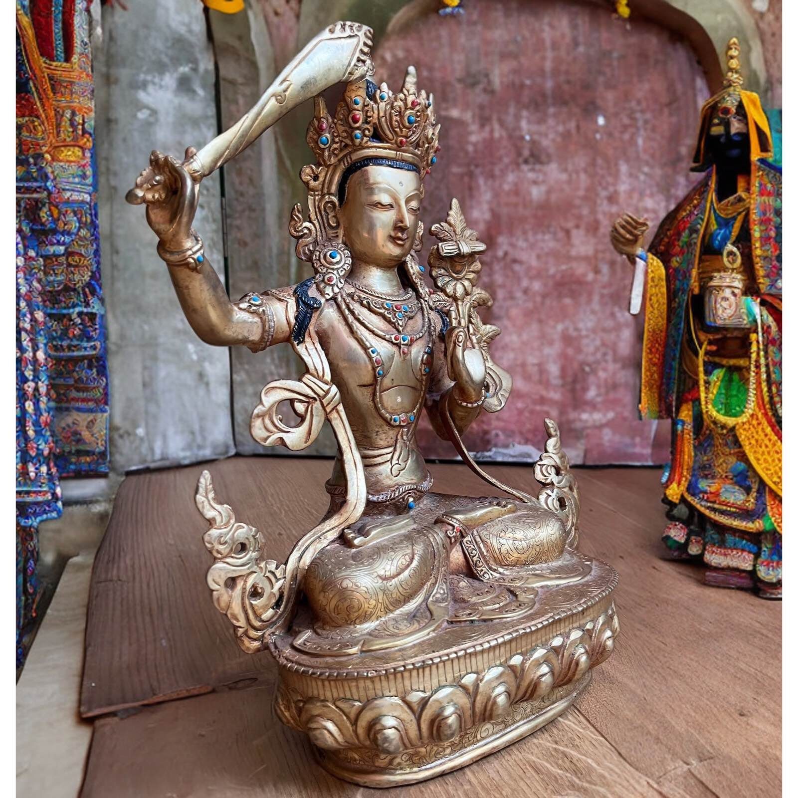 Buddha feuervergoldet Buddhafigur Bronze Manjushri Asien Himalaya LifeStyle Figur Skulptur