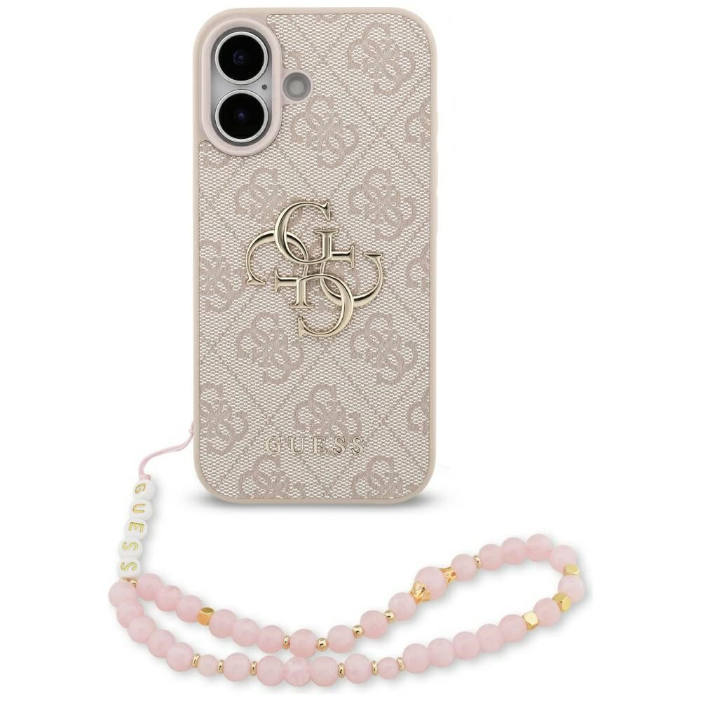 Guess Handyhülle Case iPhone 17 Kunstleder rosa Big Logo goldfarbig Kette 6,3 Zoll, Kantenschutz