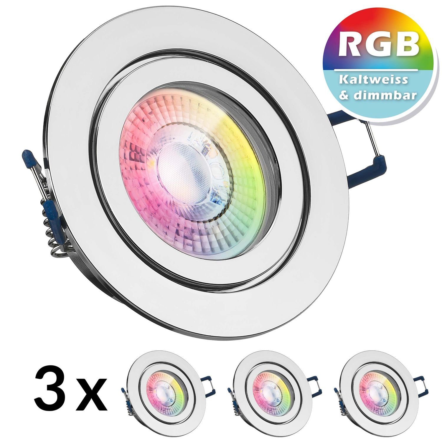 LEDANDO LED Einbaustrahler 3er IP44 RGB LED Einbaustrahler Set extra flach in chrom mit 3W LED vo