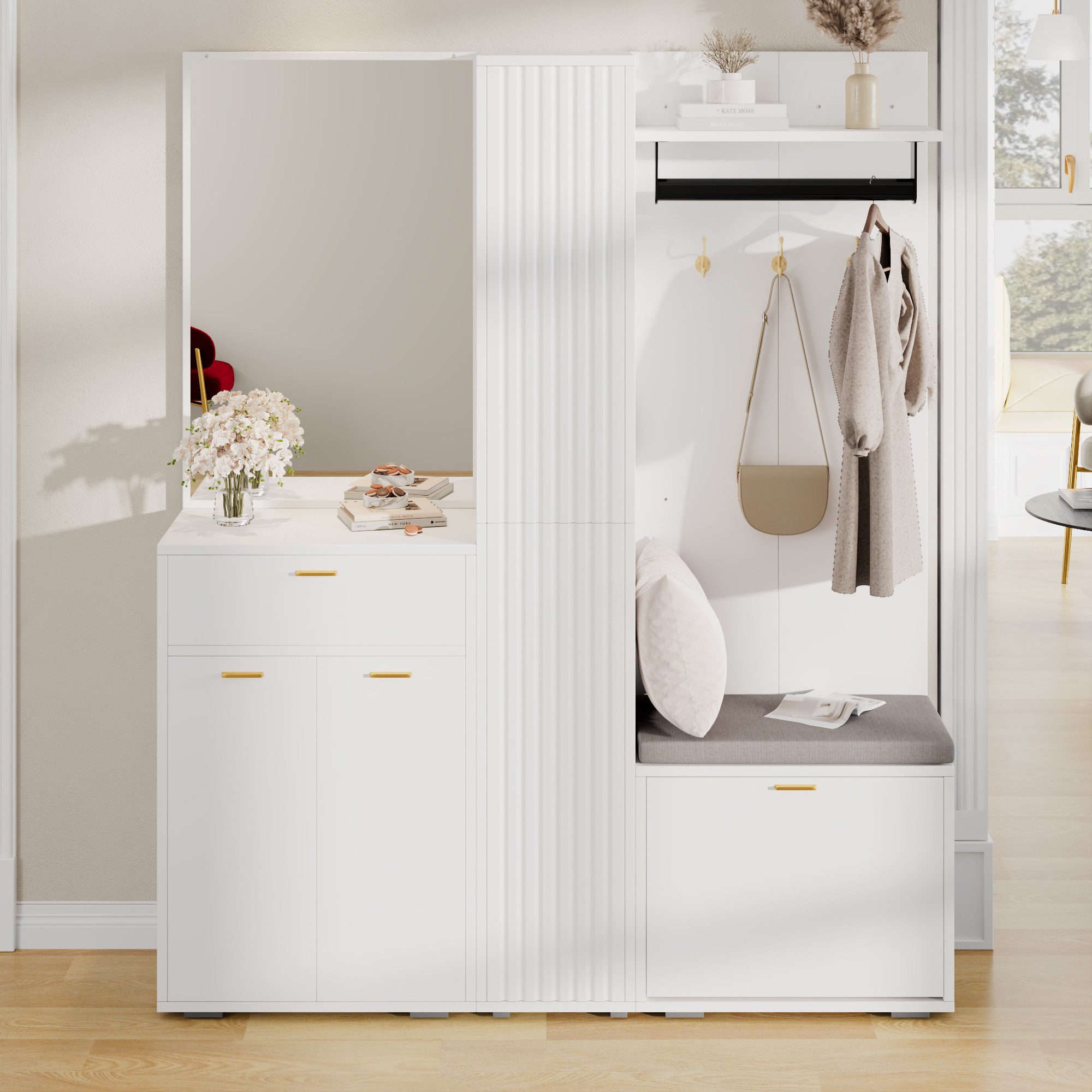 Flieks Garderoben-Set Spiegel & Kleiderhaken, Schuhschrank mit SItzkissen und Klappen, (B150xT36xH180 cm, Schrank mit verstellbaren Einlegeböden), Kompaktgarderobe Einganschrank Flurmöbel-Set Weiß