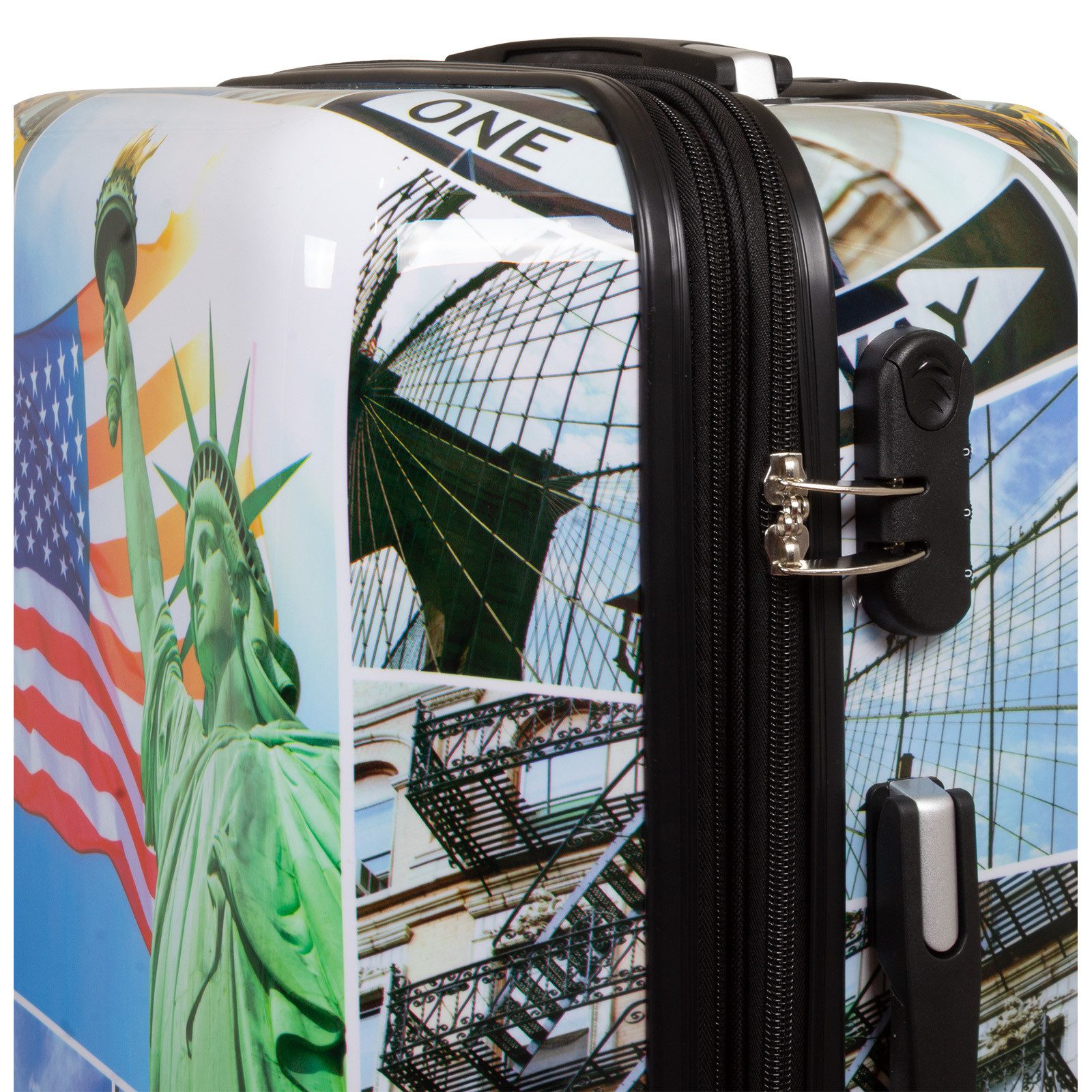 Trendyshop365 Hartschalen-Trolley Liberty, bunter Koffer mit Motiv, 3 Größen, 4 Rollen, Zahlenschloss, Polycarbonat, Dehnfalte