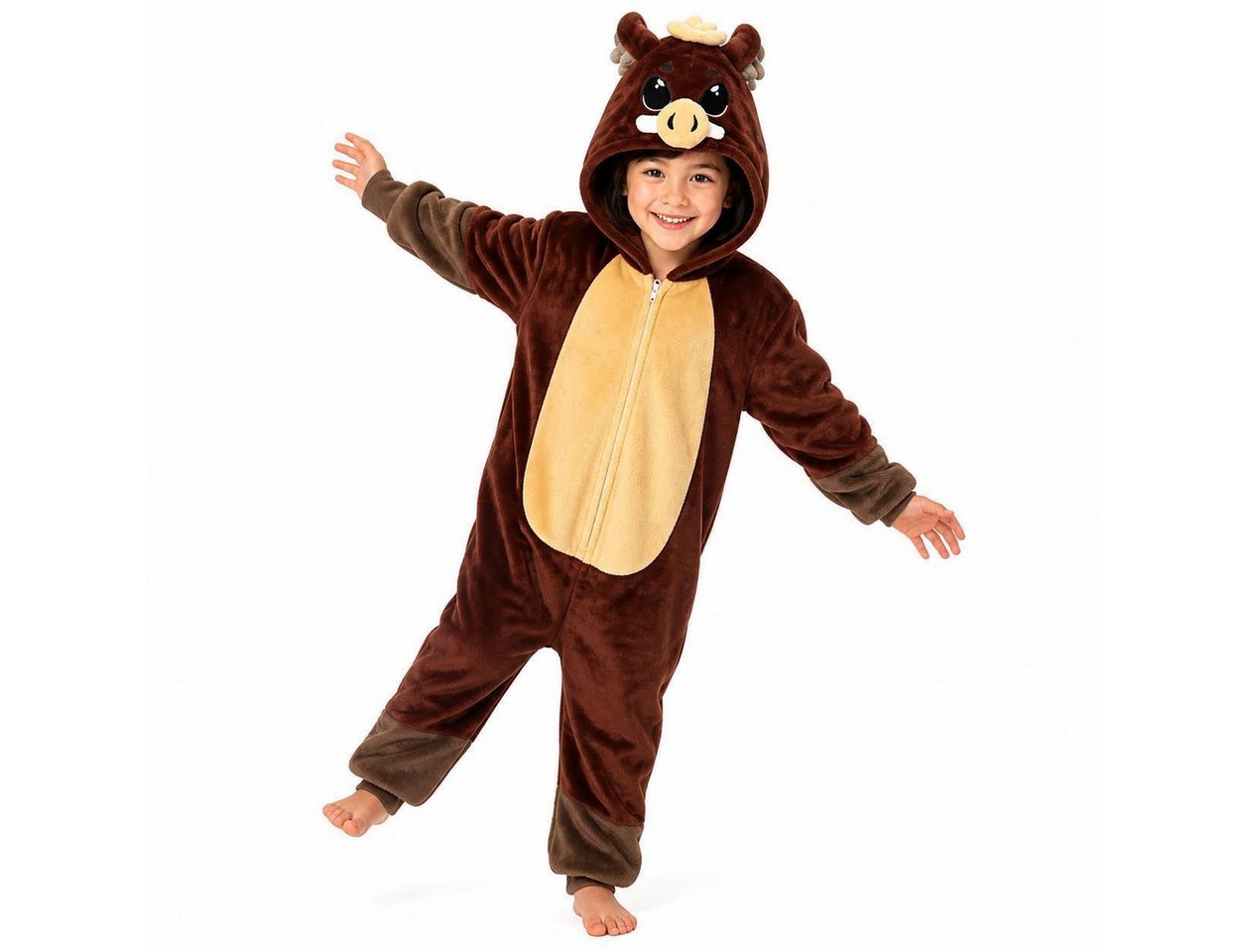 Corimori Jumpsuit Flauschiges Wildschwein-Kostüm für Kinder, Karneval Fasching Kostüm (2-tlg) Jumpsuit, Pyjama, Fasching, Kigurumi, Tierkostüme, Wildschwein "Gus"