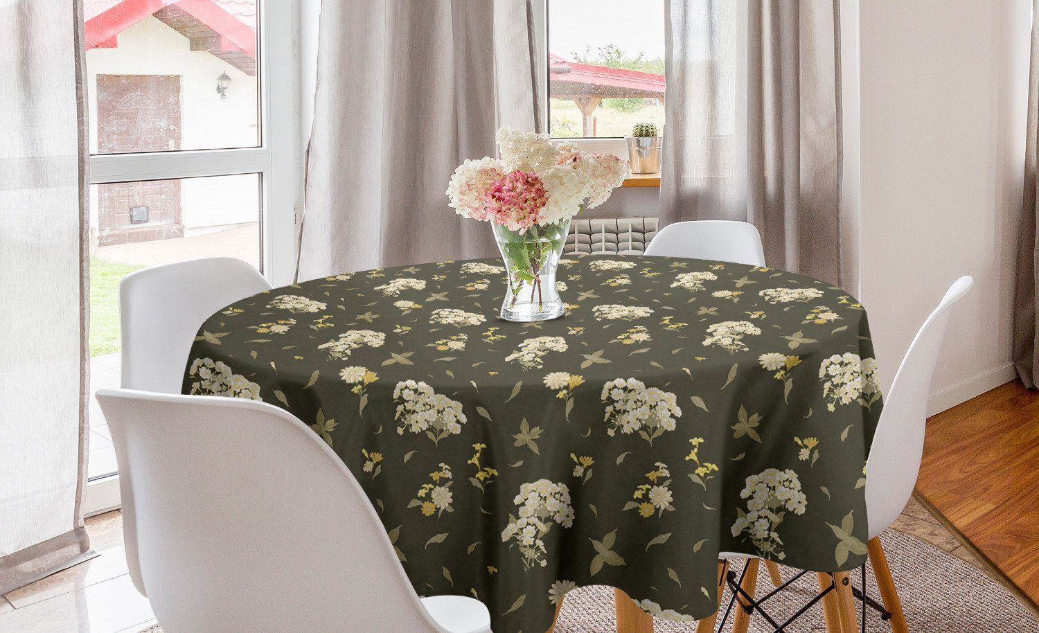 Abakuhaus Tischdecke Kreis Tischdecke Abdeckung für Esszimmer Küche Dekoration, grau Gelb Blumen Blumenstrauß Kunst