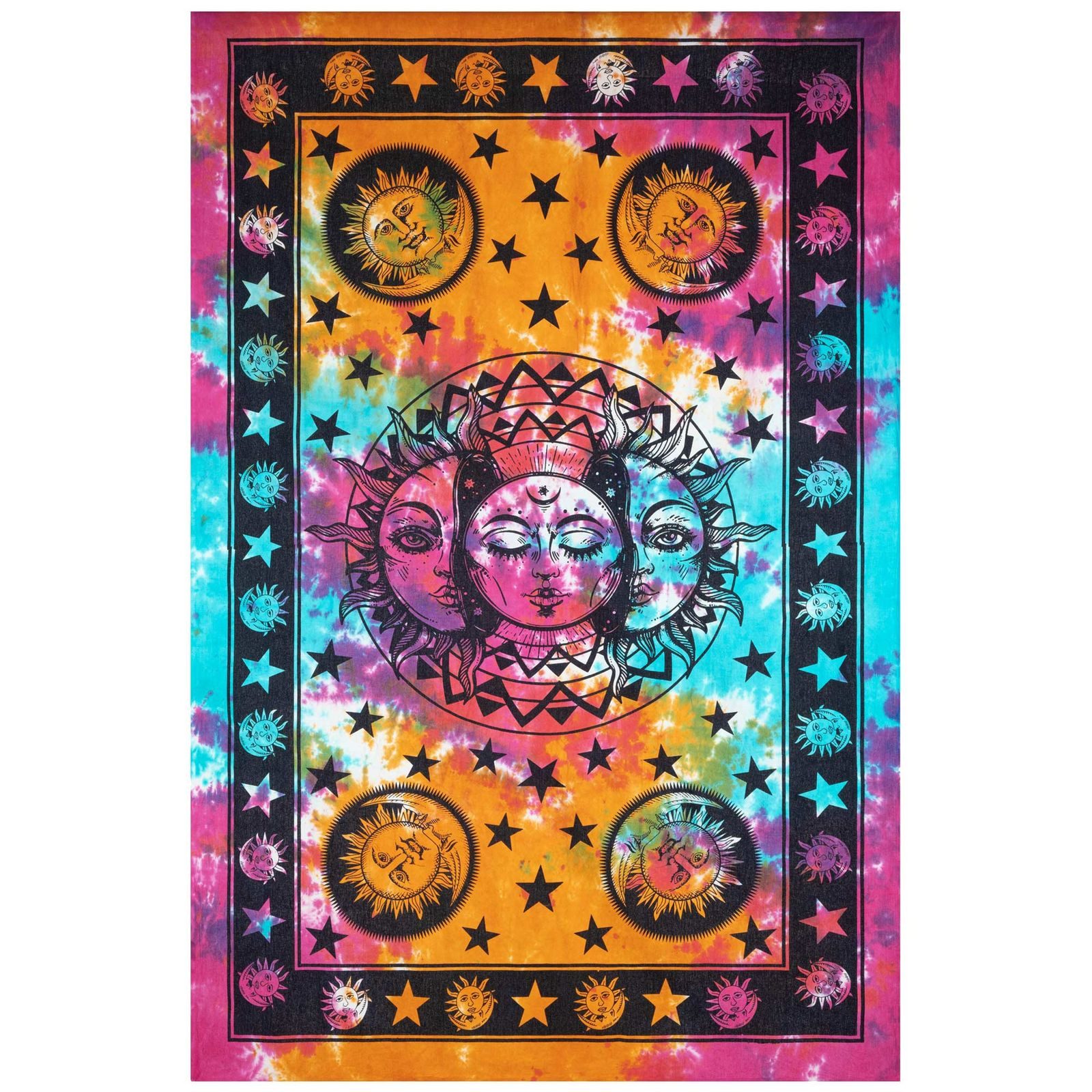 KUNST UND MAGIE Wandteppich Tagesdecke Wandbehang Bunt Sonne Mond und Sterne Hippie ca.200 x 140cm