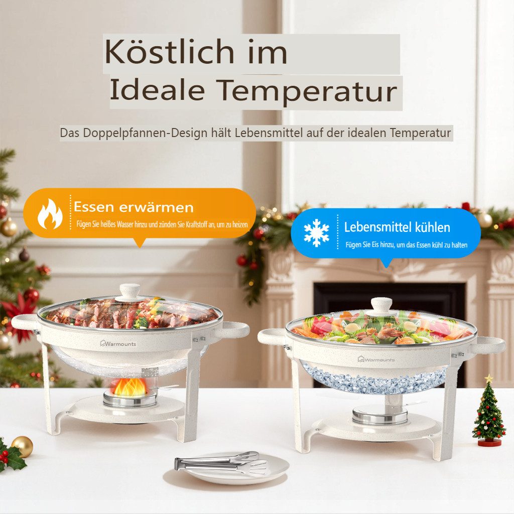 Warmounts Speisenwärmer 5L Chafing Dish Speisenwärmer Set Rund, (4-tlg., Buffet Warmhalter-Set Maifanite-Beschichtung), für Hochzeit, Party, Catering – Bild 4 von 5