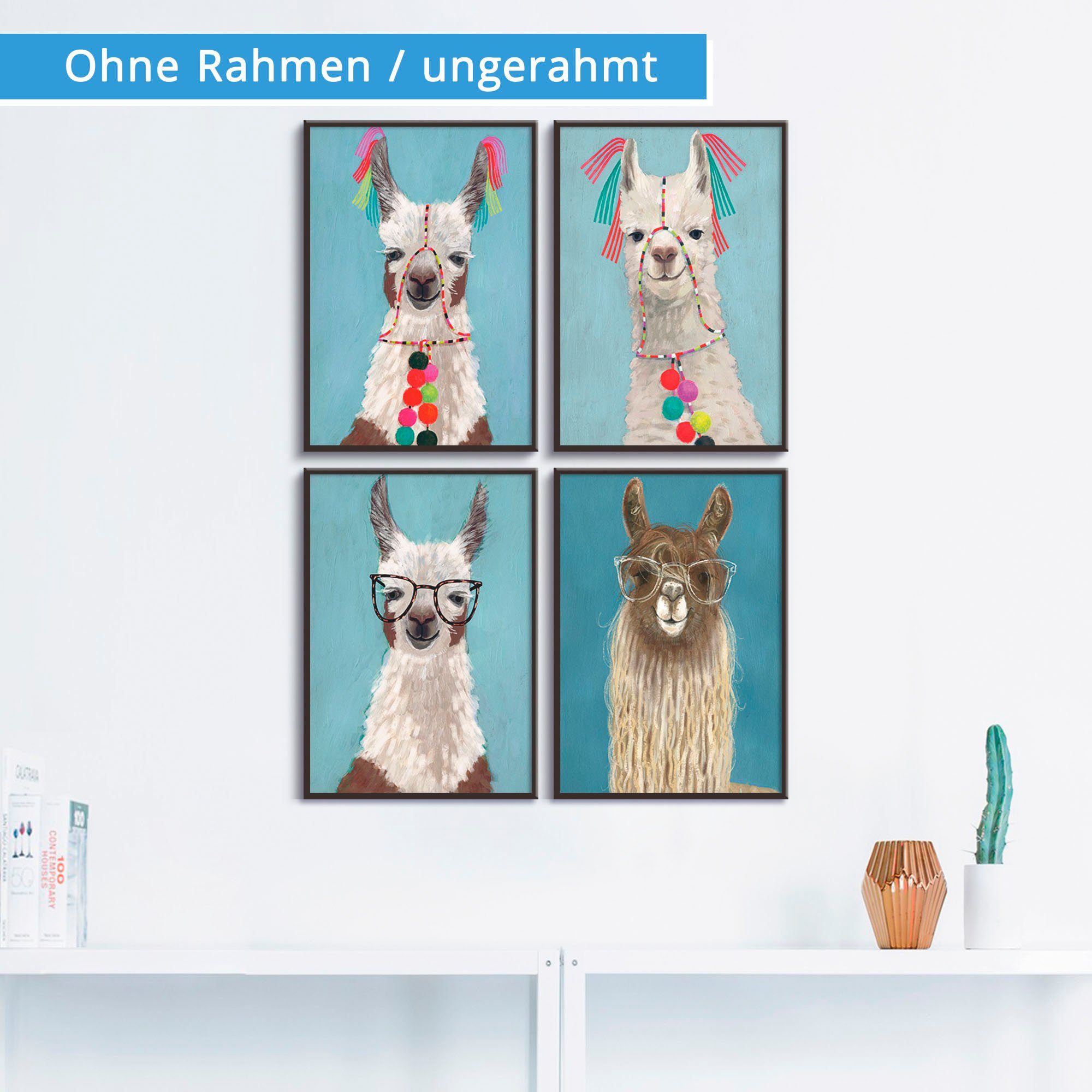 Artland Poster Geschmückte Lamas, Wildtiere (4 St), Bilder Set, 4tlg., ohne Rahmen