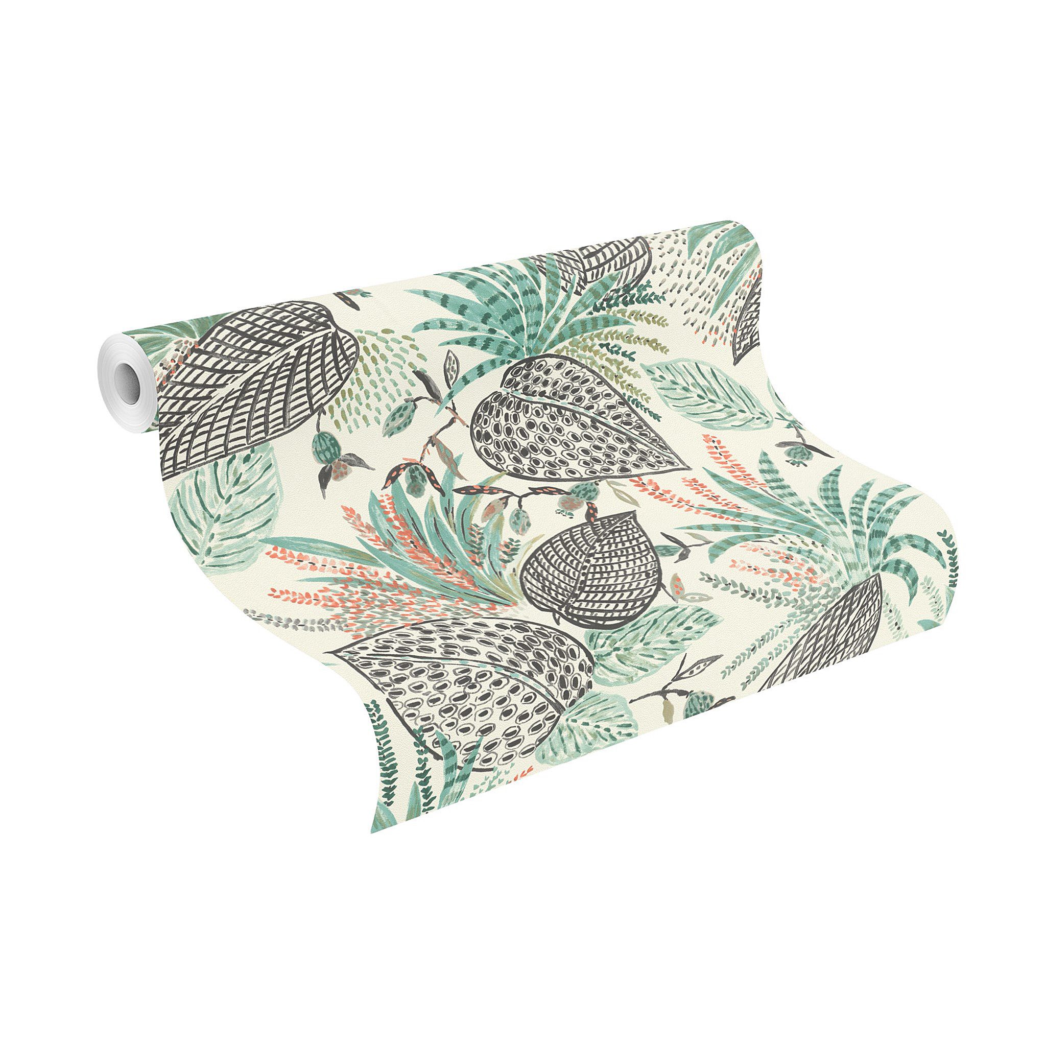 Rasch Vliestapete Blätter - Vinyltapete Weiß Creme Schwarz Grün Oliv, floral, bedruckt, (1 Rolle, 1 St., 10,05 m x 0,53 m), Lichtbeständige Farben - Feucht abwischbar - Restlost abziehbar