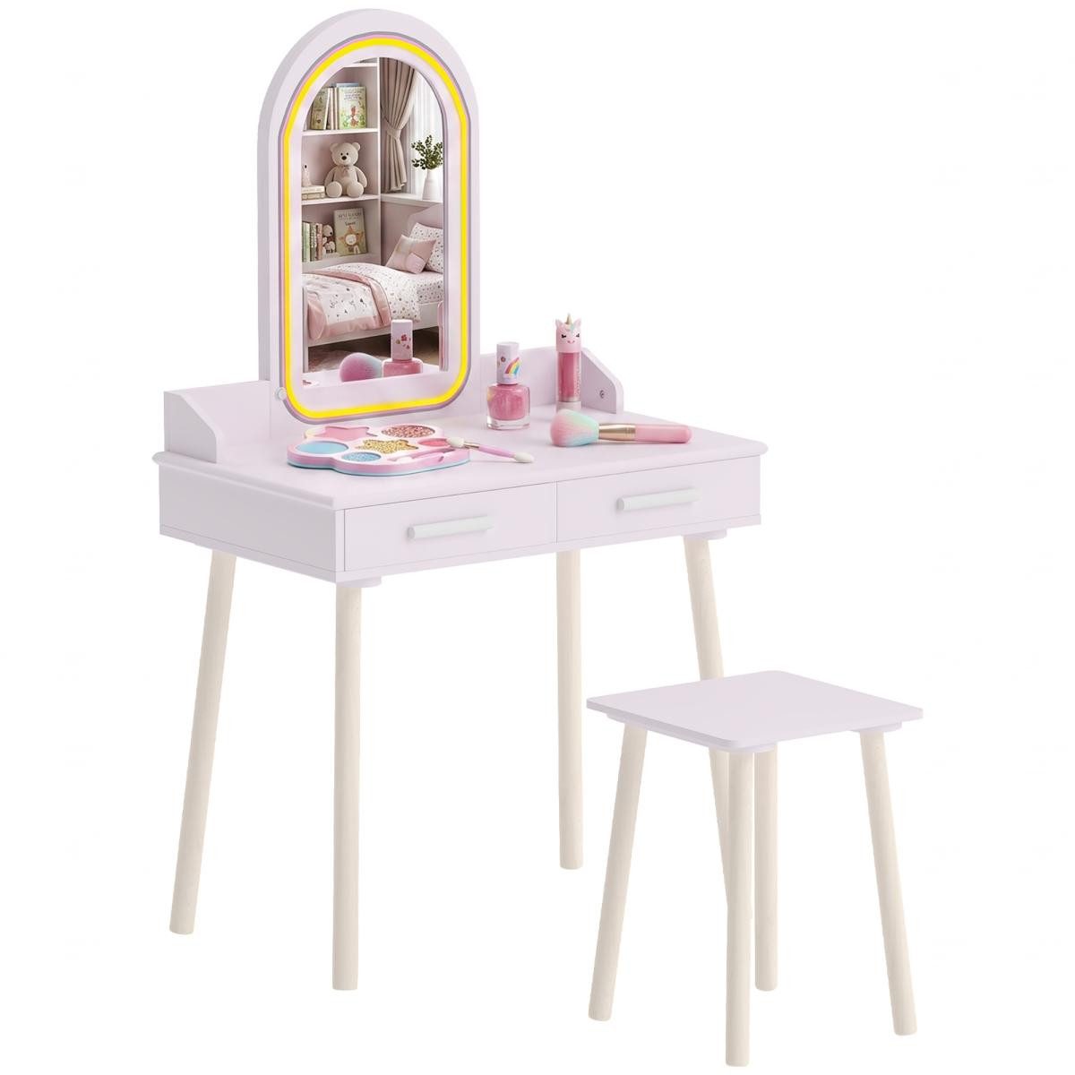 FELIXLEO Beistelltisch Wandspiegel Rosa Kinder Schminktisch Set LED Mädchen