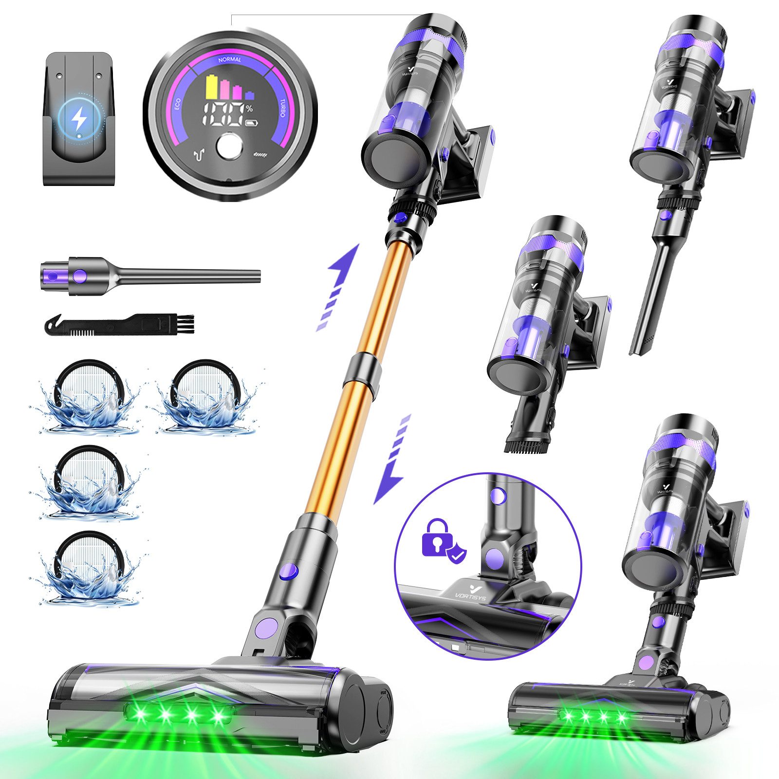 Vortisys Akku-Hand-und Stielstaubsauger Akku Staubsauger 80000Pa/500W/60Min, Staubsauger Kabellos, beutellos, Kabelloser Staubsauger mit LED Display, GreenEye-Technologie, HEPA-Filtersystem & Anti-Verfilzungs-Walzenbürste, Für Böden,Teppich,Tierhaare