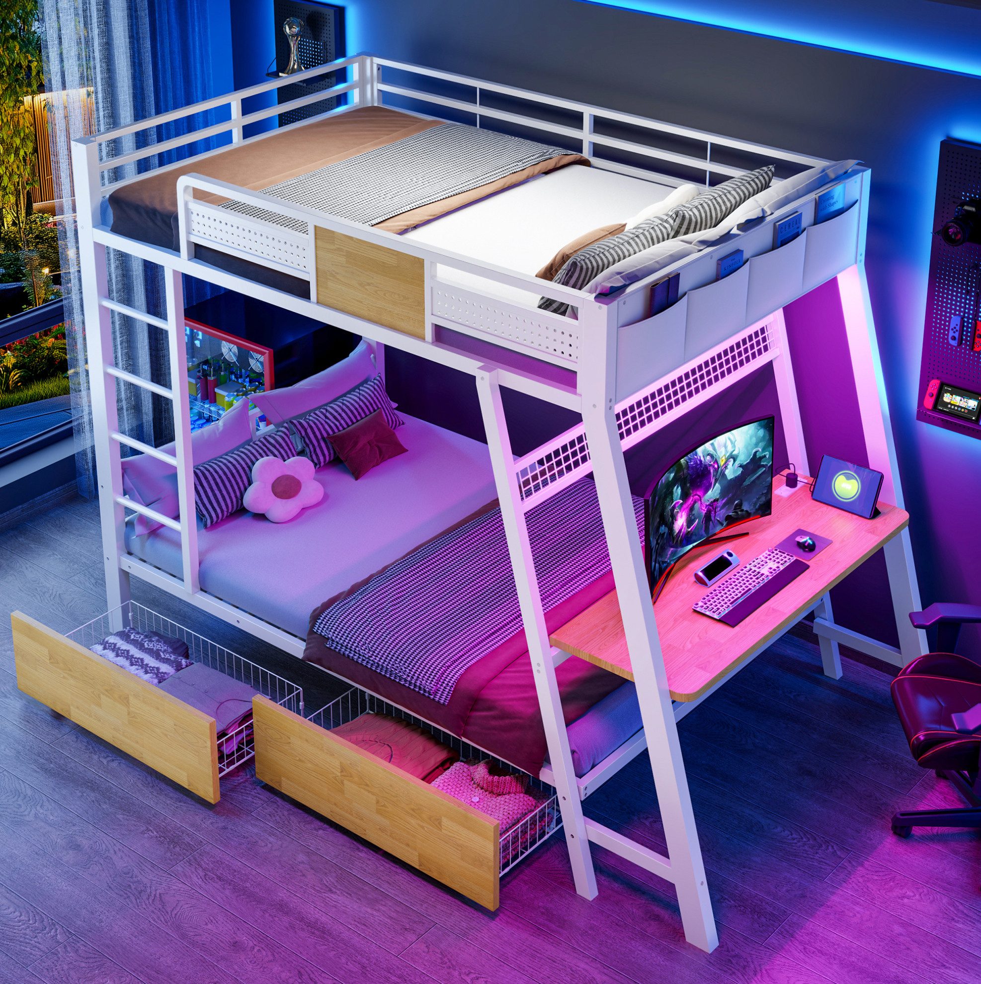MODFU Etagenbett Eisenbett mit Schreibtisch für Gaming, LED-Lichtband, Steckdosen (90x200 cm, mit USB-Anschlüssen und zusätzlichem Stauraum, Kinderbett), Jugendbett, ohne Matratze