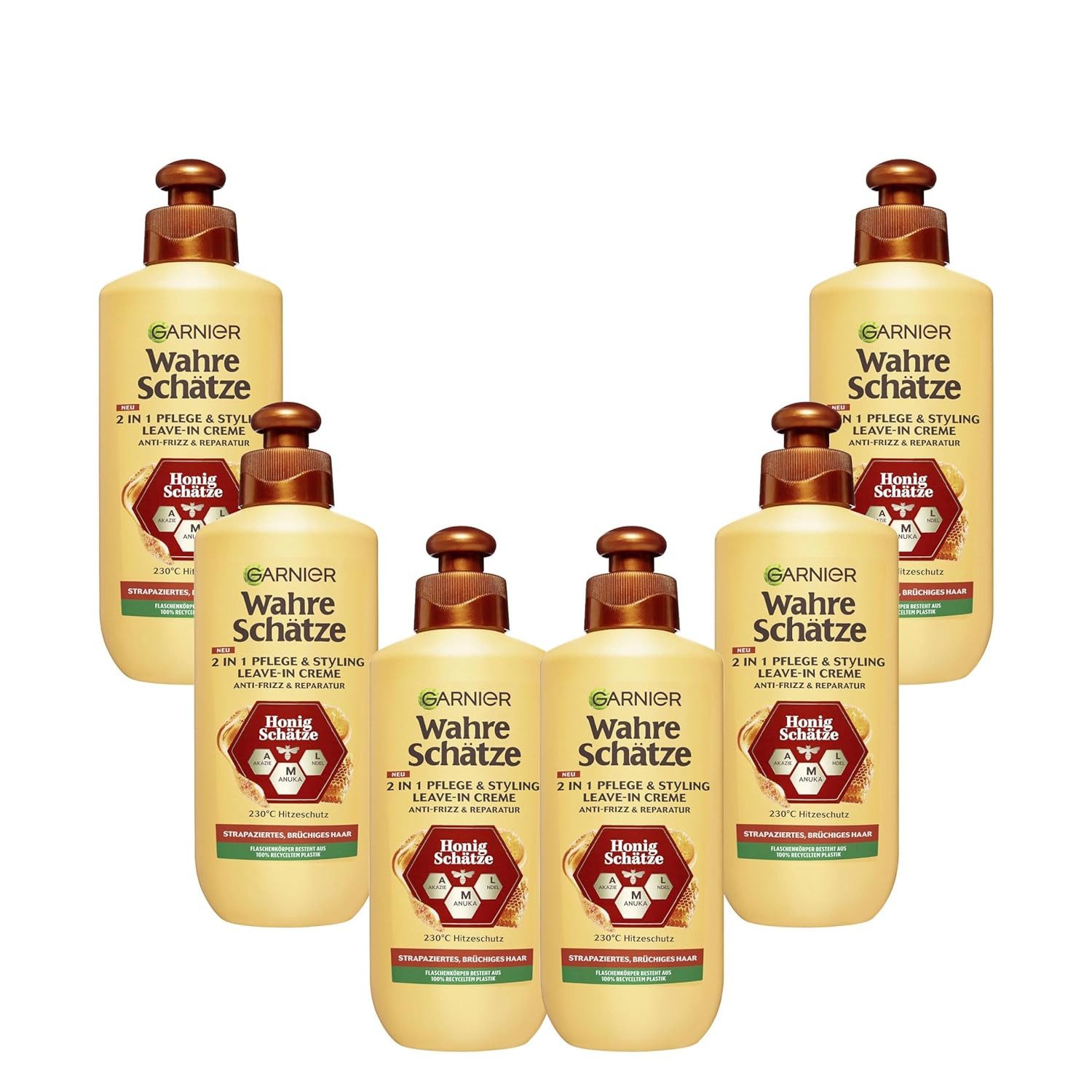 GARNIER Haarmousse Garnier Wahre Schätze 2-in-1 Pflege & Styling Honig Schätze, Packung, 6-tlg., für strapaziertes und brüchiges Haar, leichte Creme-Textur