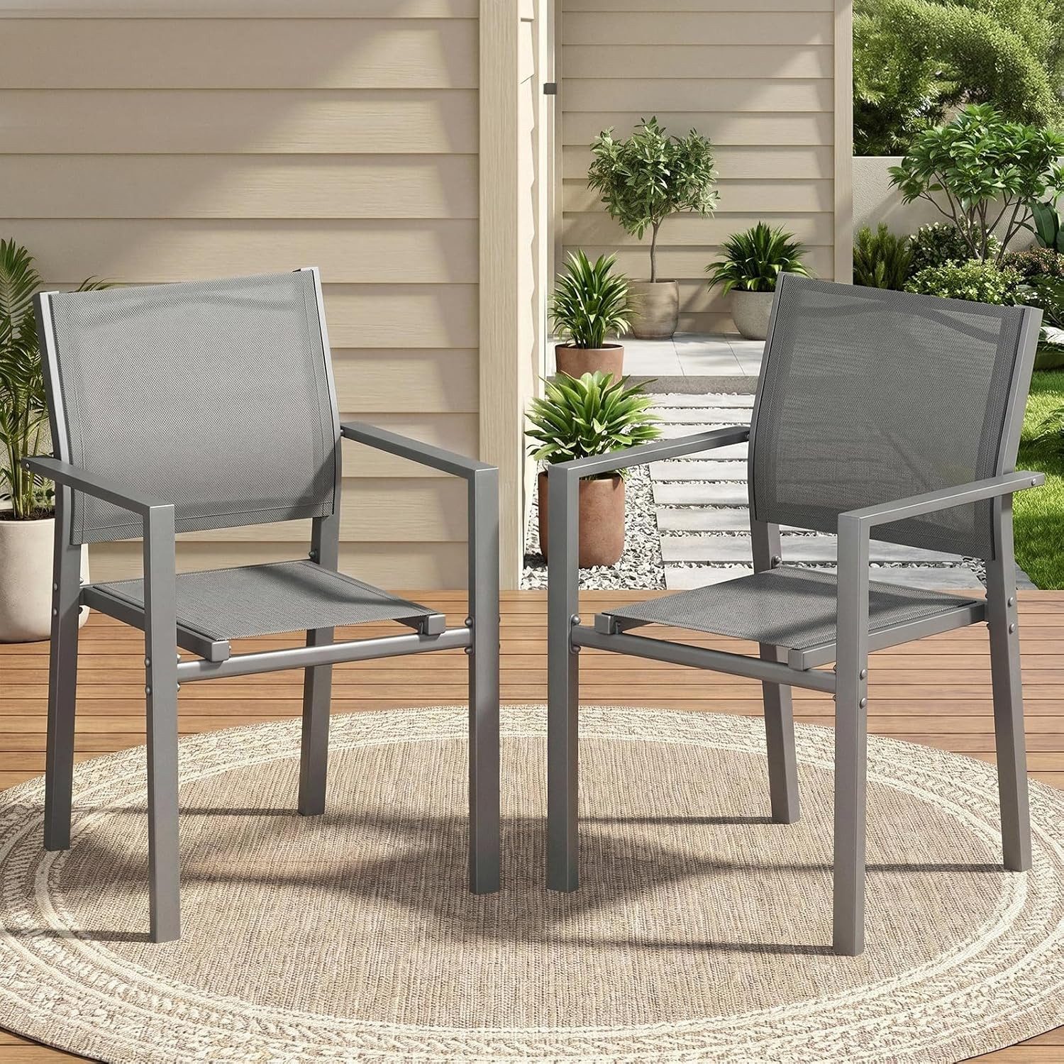 TLGREEN Gartenstuhl,Stapelstühle,Teslin und Metallgestell Balkonstühle mit Armlehnen, (Outdoor Essstühle, 2 St), für Terrasse Garten Pool, bis 120 kg, atmungsaktiv wetterfest