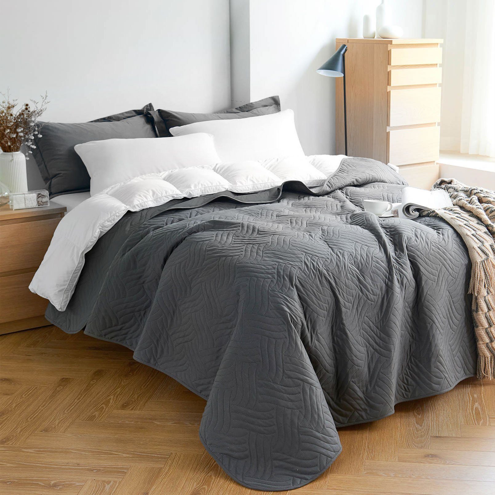 Tagesdecke TD, Bettüberwurf KEAYOO, für oder DunkelgrauWelle Einzelbetten 100% aus Doppelbetten Kunstfaser