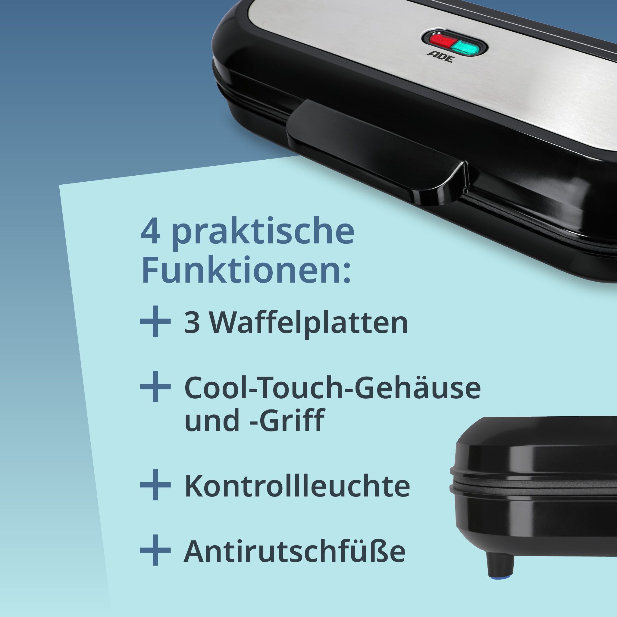 ADE Waffeleisen XXL mit 3 Platten für kleine belgische Waffeln, 1200,00 W, hochwertige Antihaftbeschichtung, Cool-Touch-Griff