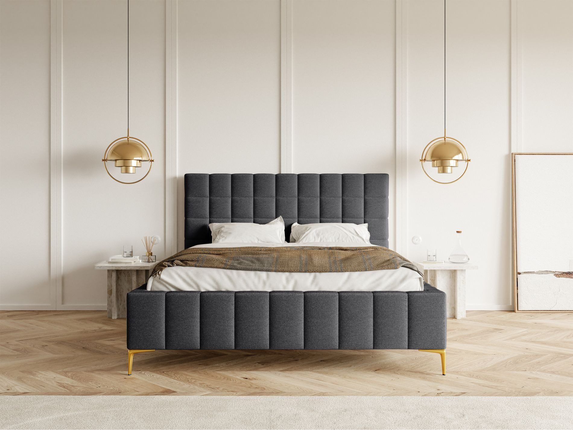 Selsey Polsterbett SZEJLO, mit Chenille-Bezug, Bettkasten, Lattenrost und goldfarbenen Beinen
