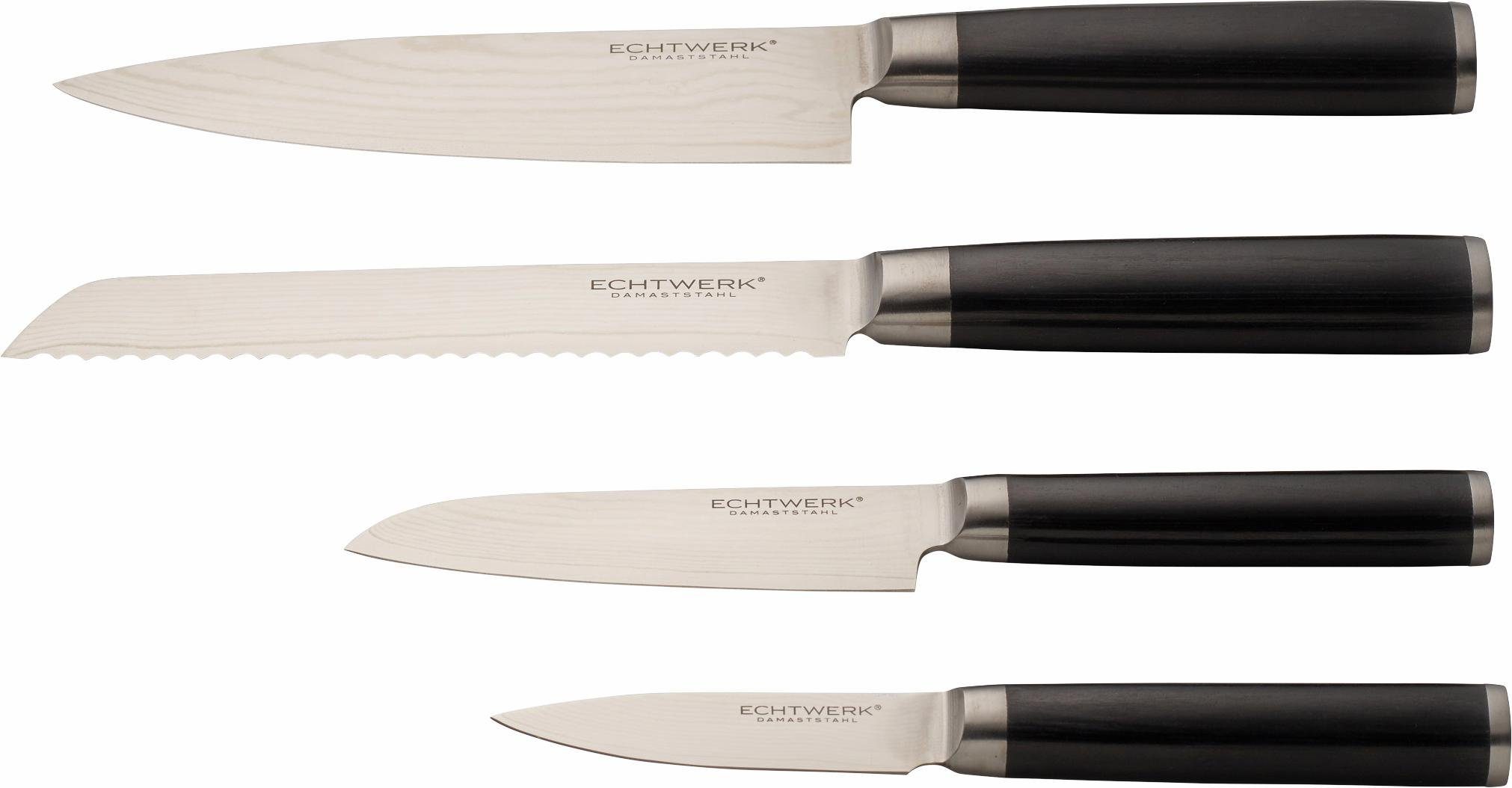 ECHTWERK Messer-Set Damaszener (Set, 4-tlg), Küchenmesser, Damaststahl Kochmesser, Brotmesser, Schälmesser
