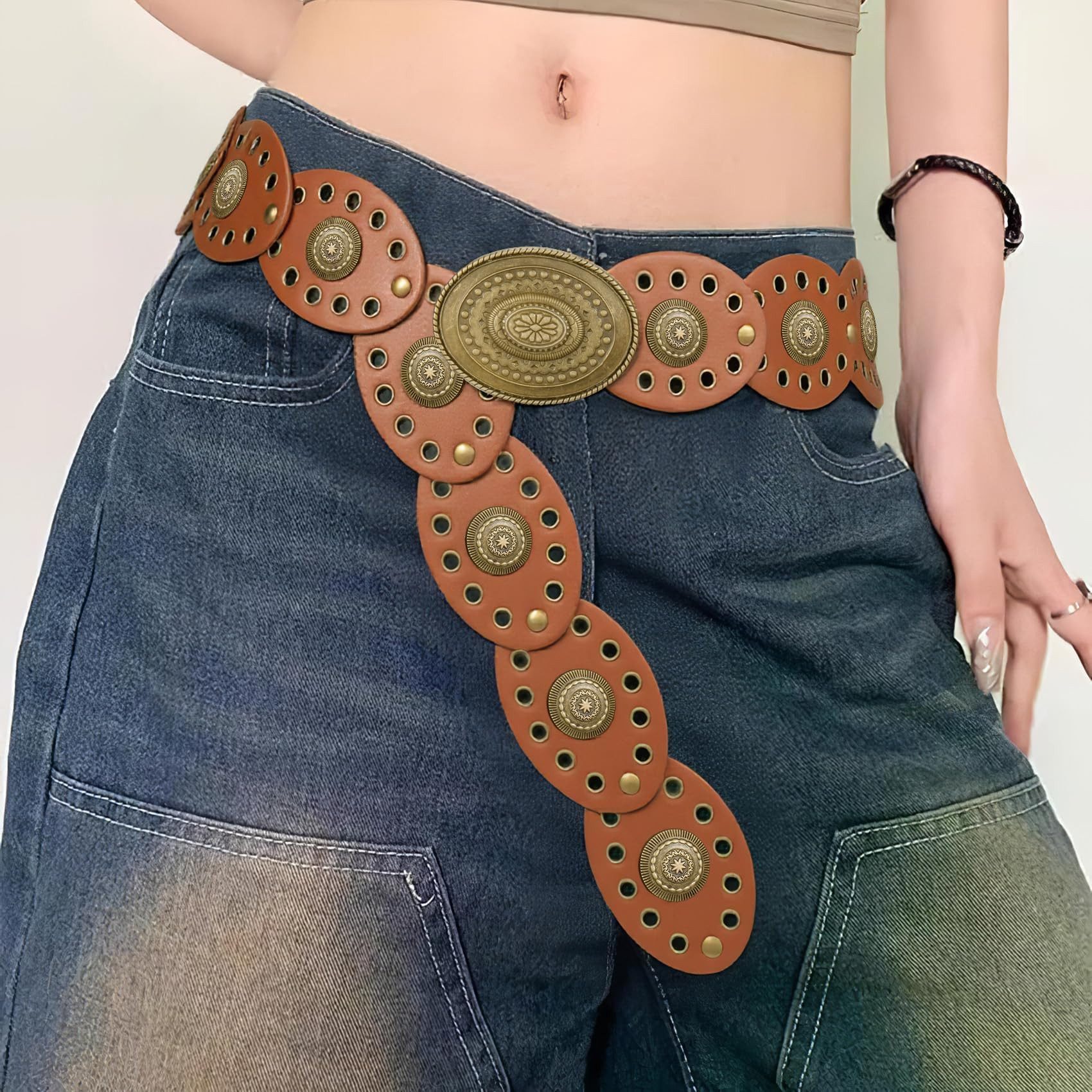 Agger Ledergürtel Damen-Western-Gürtel, breiter Dischgürtel mit Türkis Boho-Concho-Ledergürtel für Kleider, Cowgirl- und Country-Stil – Bild 3 von 5