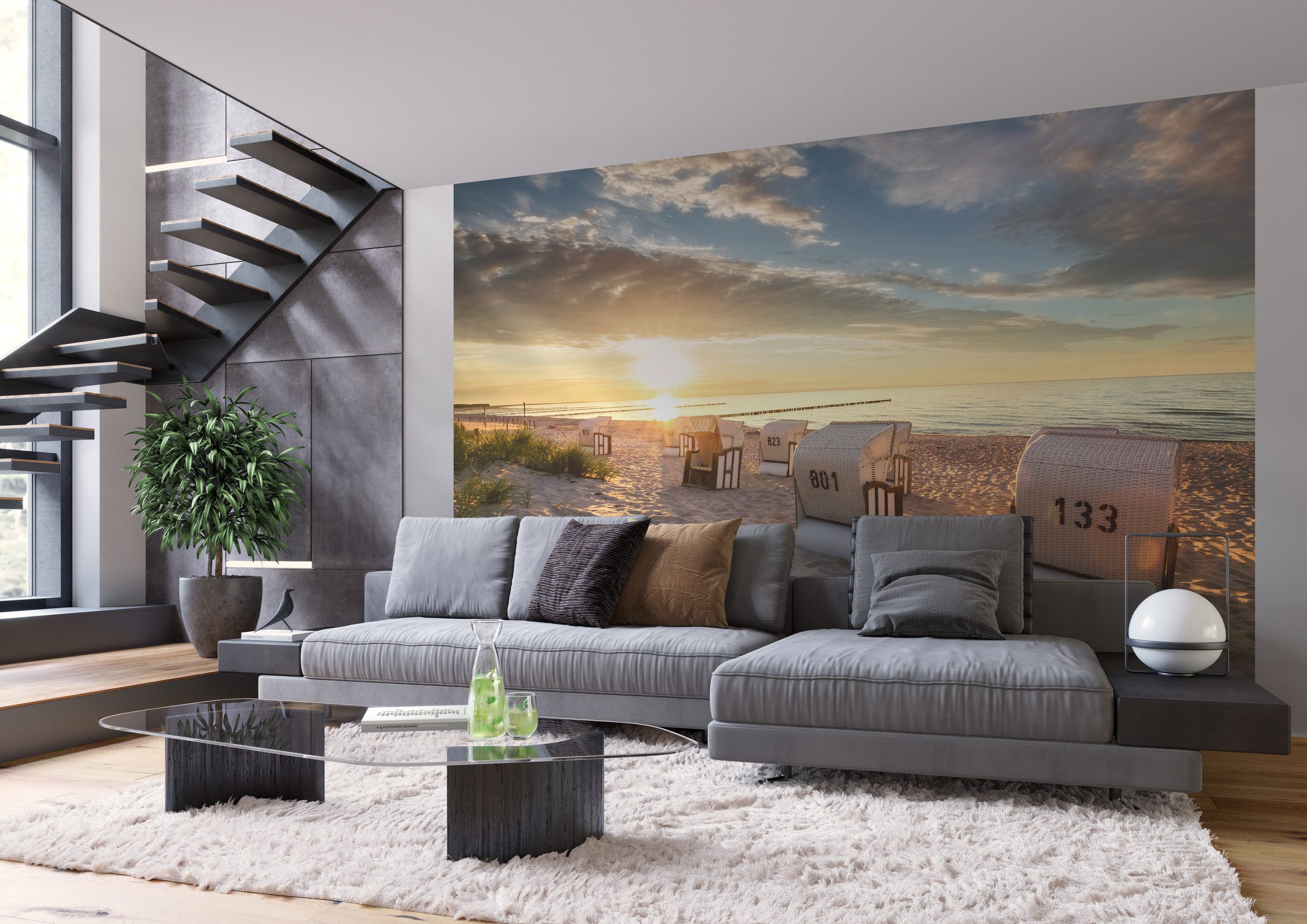 Rasch Fototapete Strand Nordsee mit Strandkörben - 2,65m x 3,71m, strukturiert, Meer, Natur, Strand, Landschaft, (1 St), Landschaft