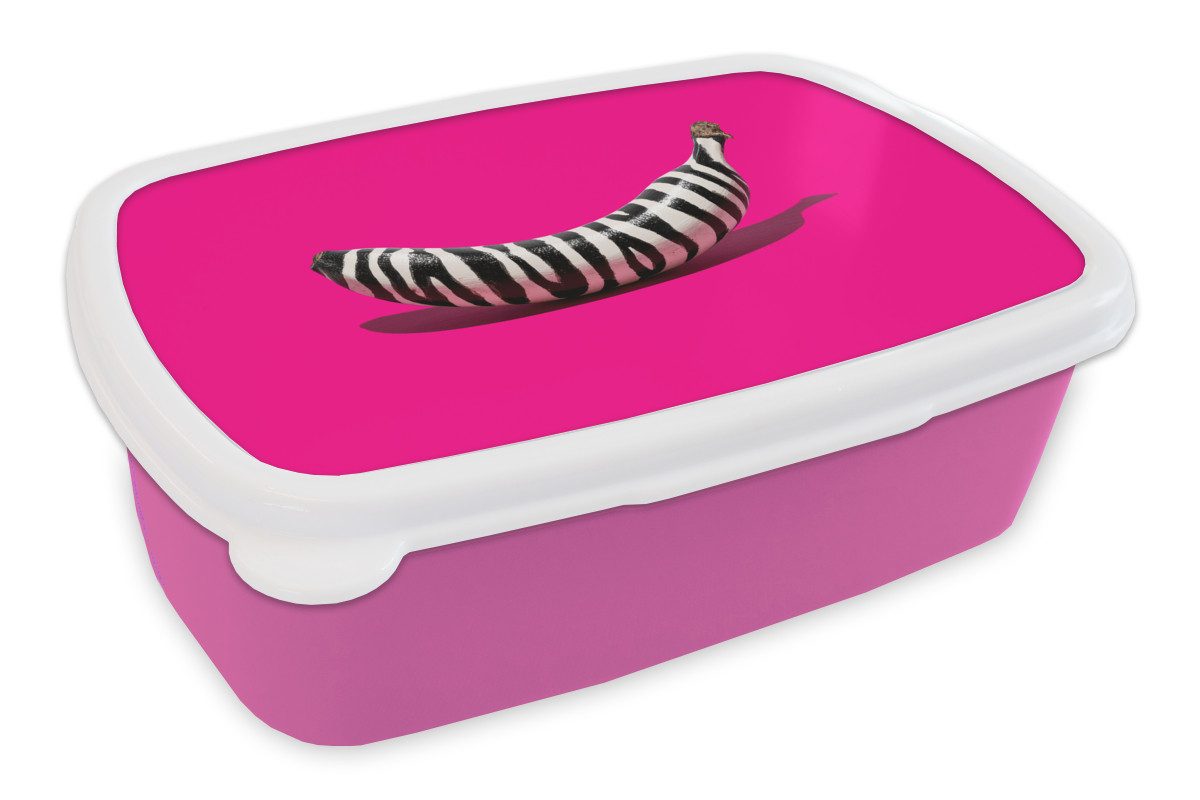 MuchoWow Lunchbox Banane - Zebramuster - Rosa, Kunststoff, (2-tlg), Brotdosen, Lunch Box, Brotbox für Kinder und Erwachsene