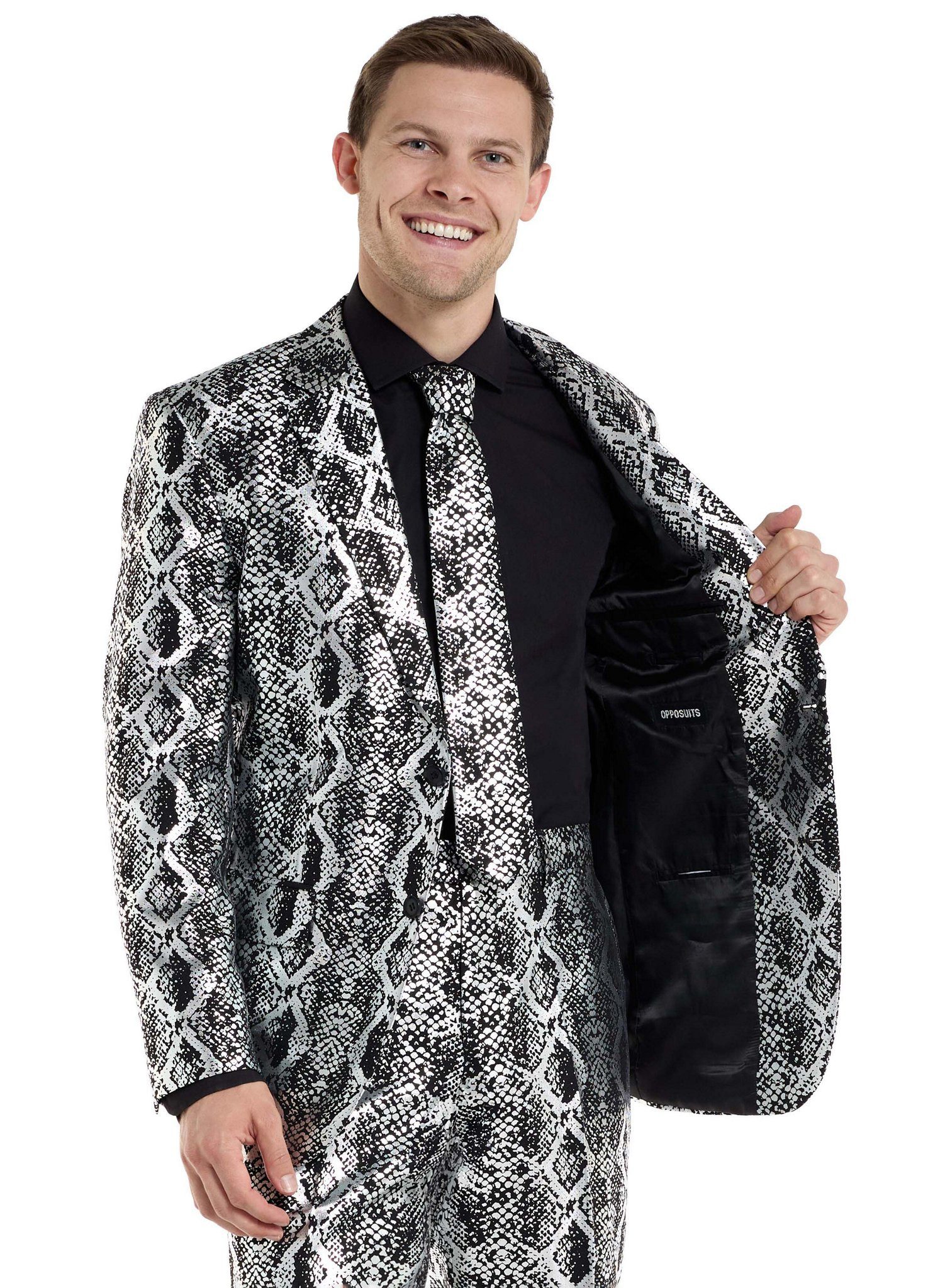 Opposuits Partyanzug Silver Snakes Anzug, Cobrastyle: ein Anzug aus glänzend silberner Schlangenhaut
