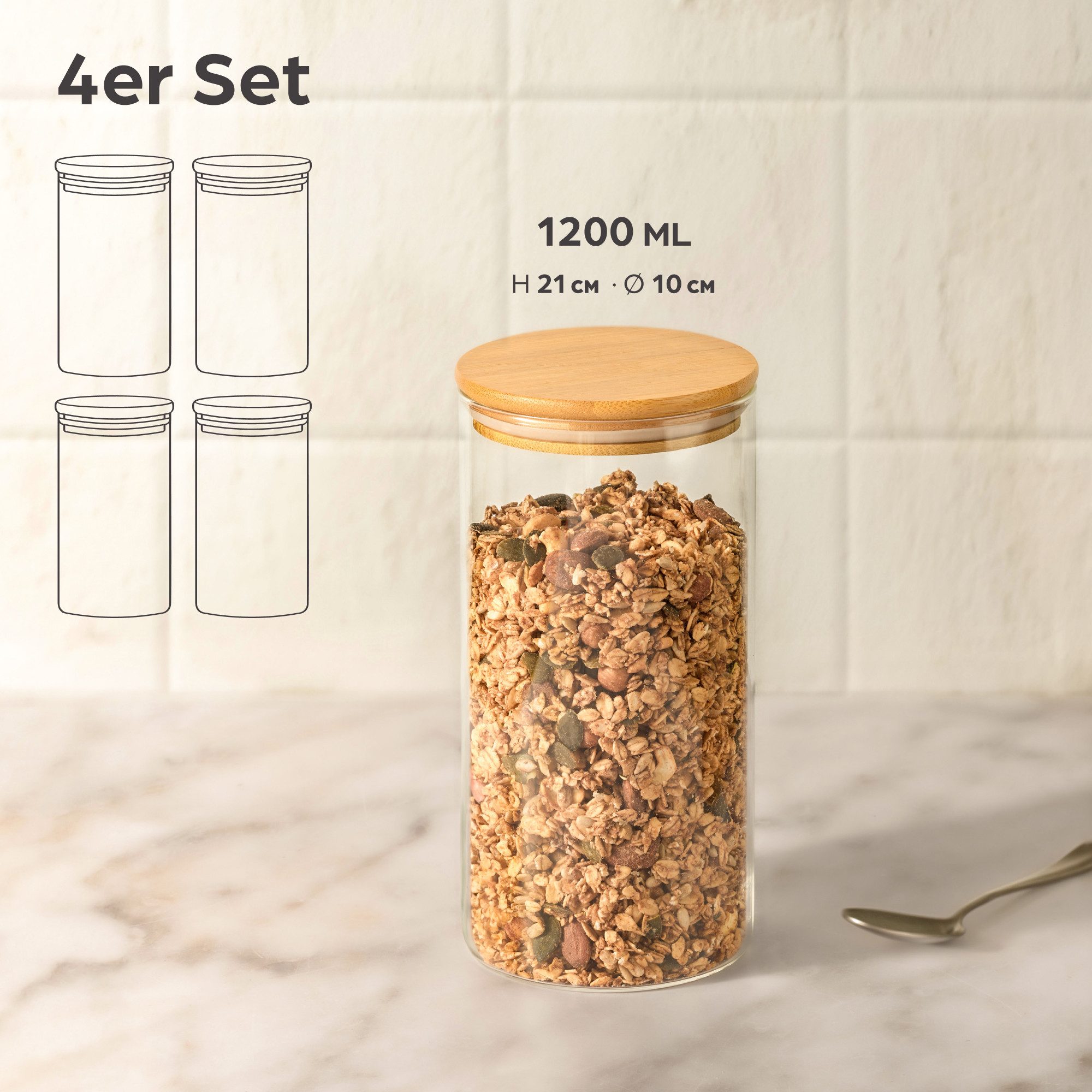 Praknu Vorratsglas Vorratsgläser mit Deckel Luftdicht - Vorratsdosen 4er Set, Glas, (Set, 4-tlg), 1,2L Groß Aufbewahrung Küche Lebensmittel aus Glas mit Bambusdeckel
