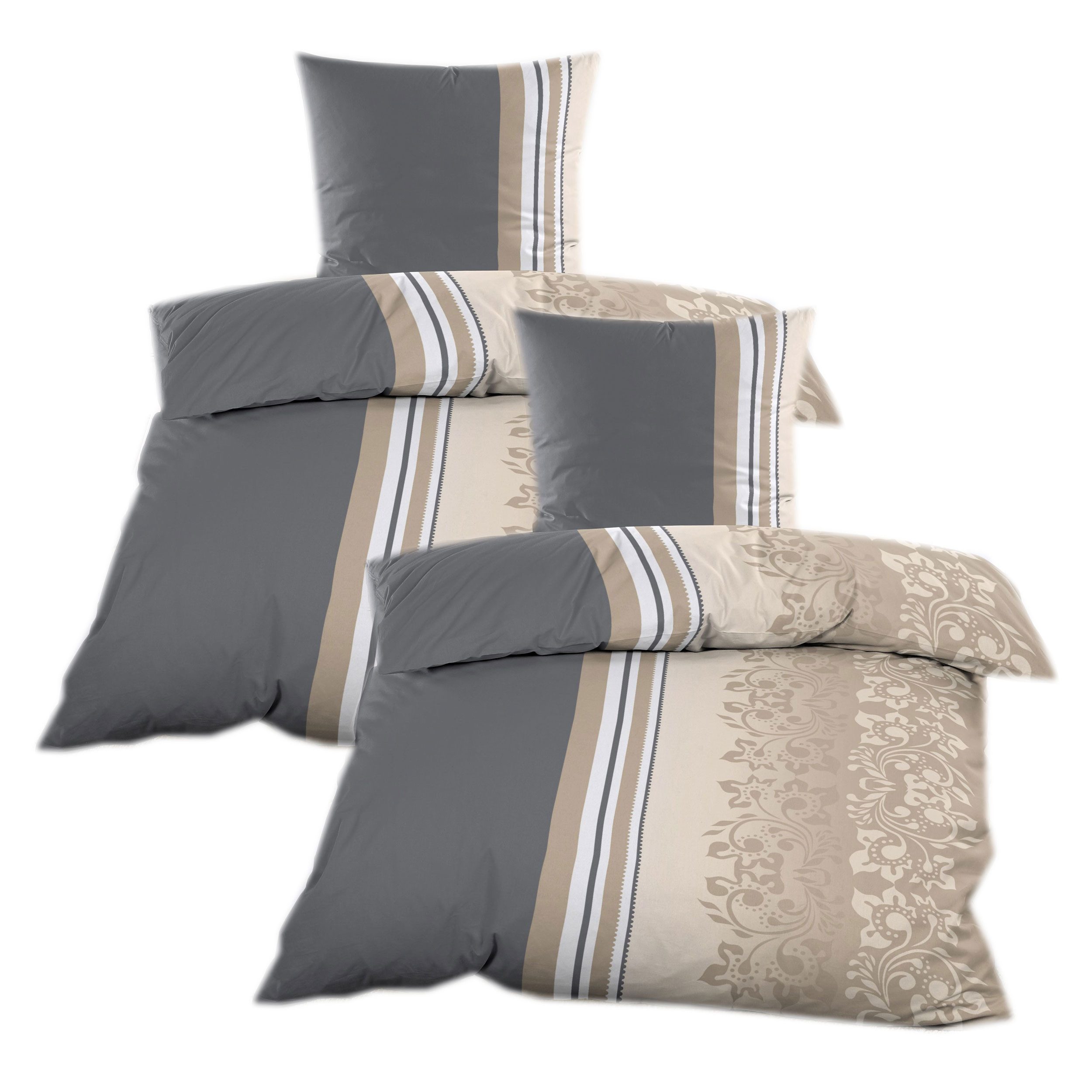 Casa Colori Bettwäsche Biber 135x200 cm mit Reißverschluss 100% Baumwolle, Biber, 4 teilig, Anthrazit Taupe mit Ornamente