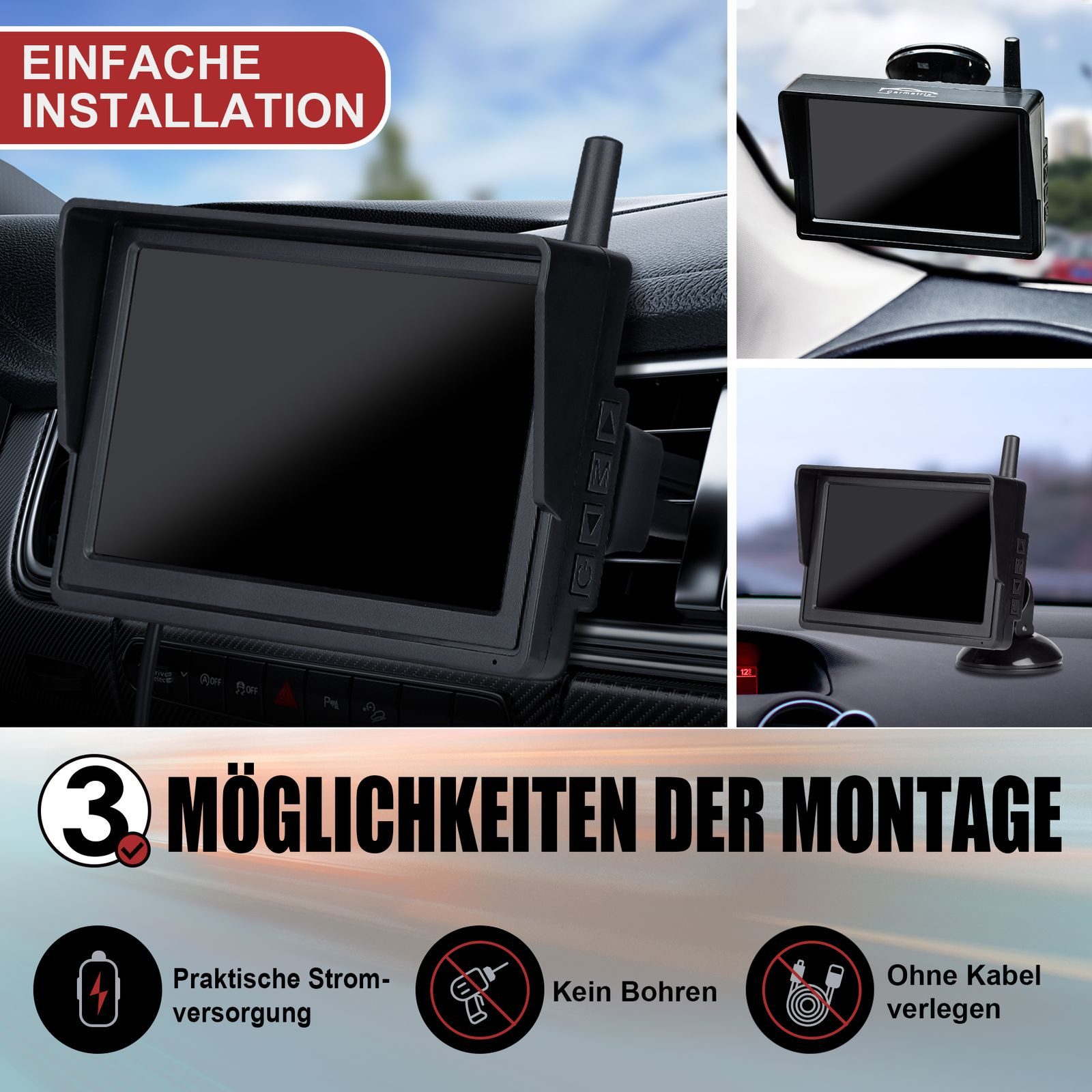 CARMATRIX Premium Solar 2 HD Funk Auto Rückfahrsystem mit 2 PDC Einparksensoren Rückfahrkamera (Auto Funk Video Solar Rückfahrsystem Nummernschild Kennzeichenha – Bild 4 von 5