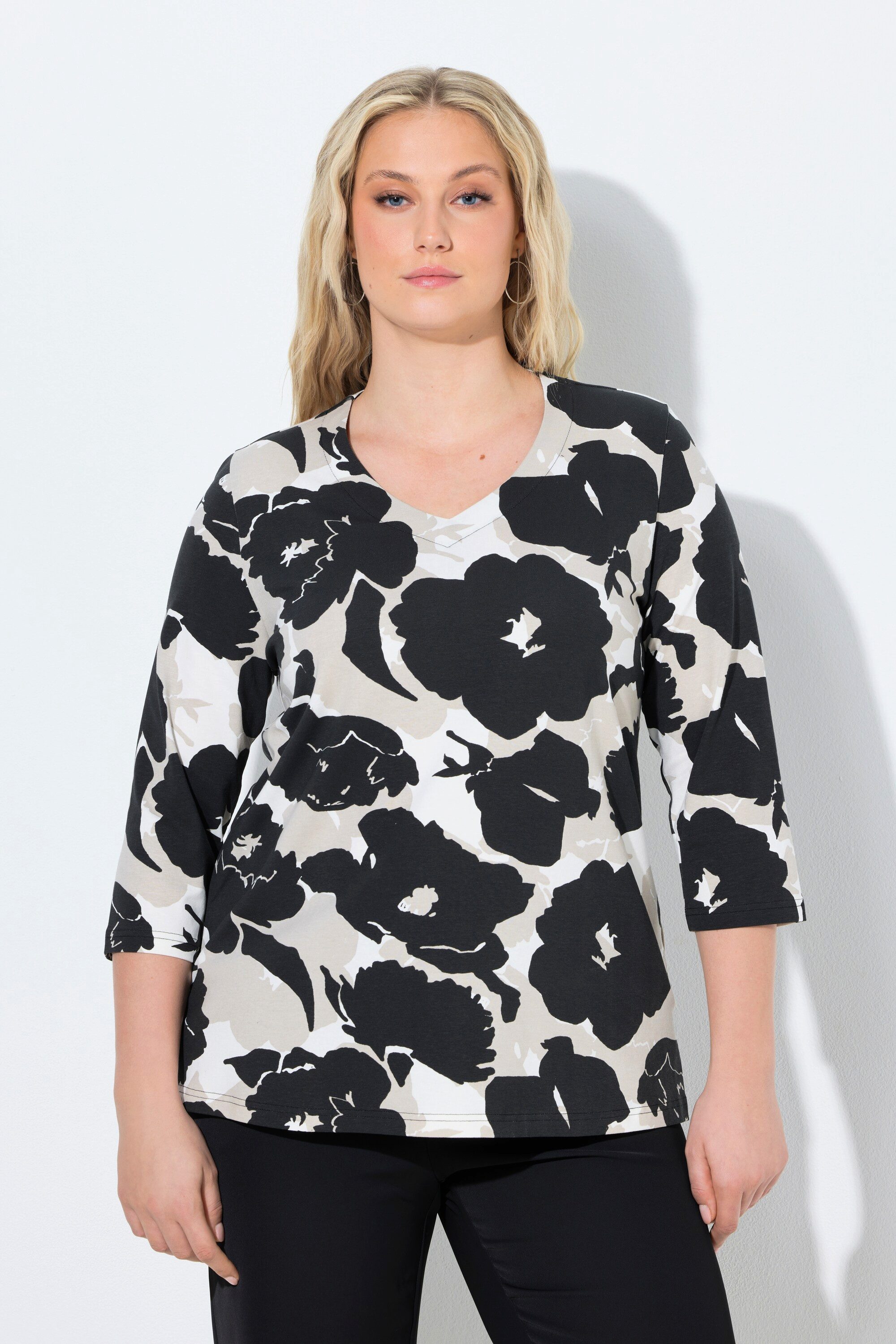 Ulla Popken T-Shirt Shirt Blüten Classic V-Ausschnitt 3/4-Arm