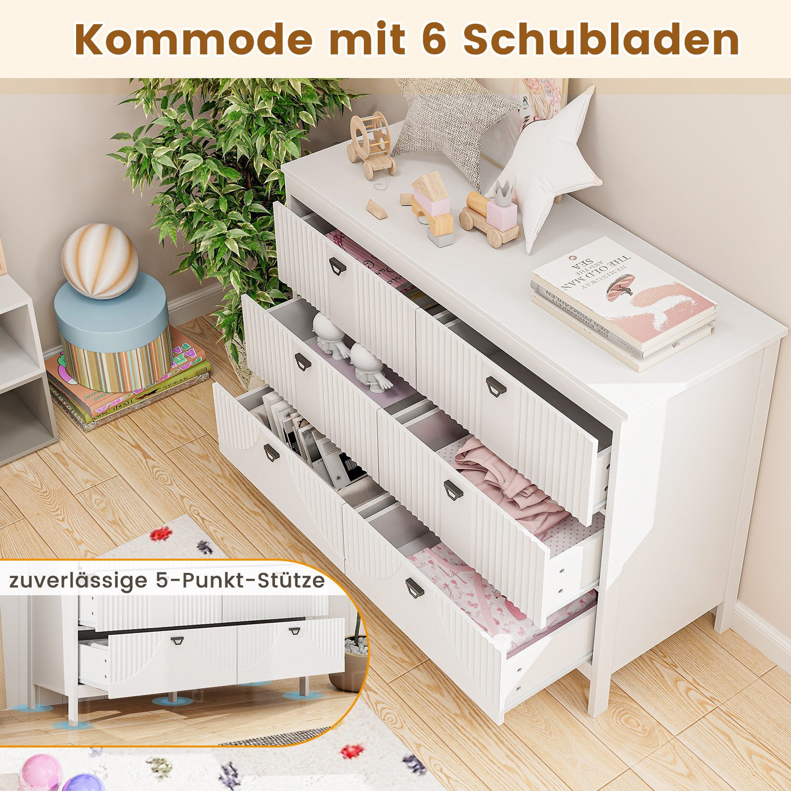 COSTWAY Kommode, mit 6 Schubladen, Sideboard Weiß aus Holz modern