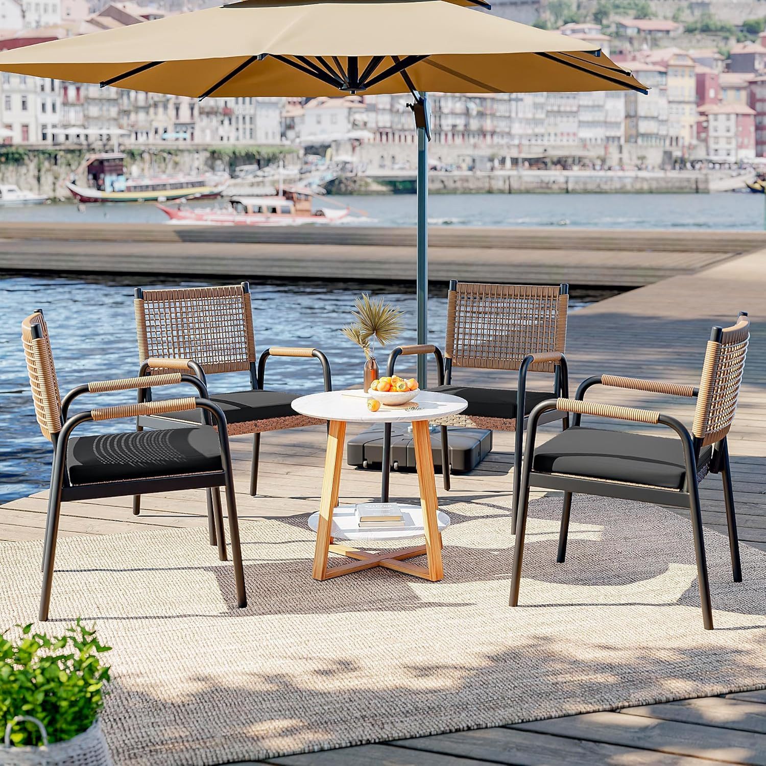 GarveeMore Gartenstuhl Rattan mit Metallgestell für Terrasse,Garten,Veranda,Balkon (4 St), Gartenstühle mit Kissen,Esszimmerstühle,Loungestühle,Rattanstuhl