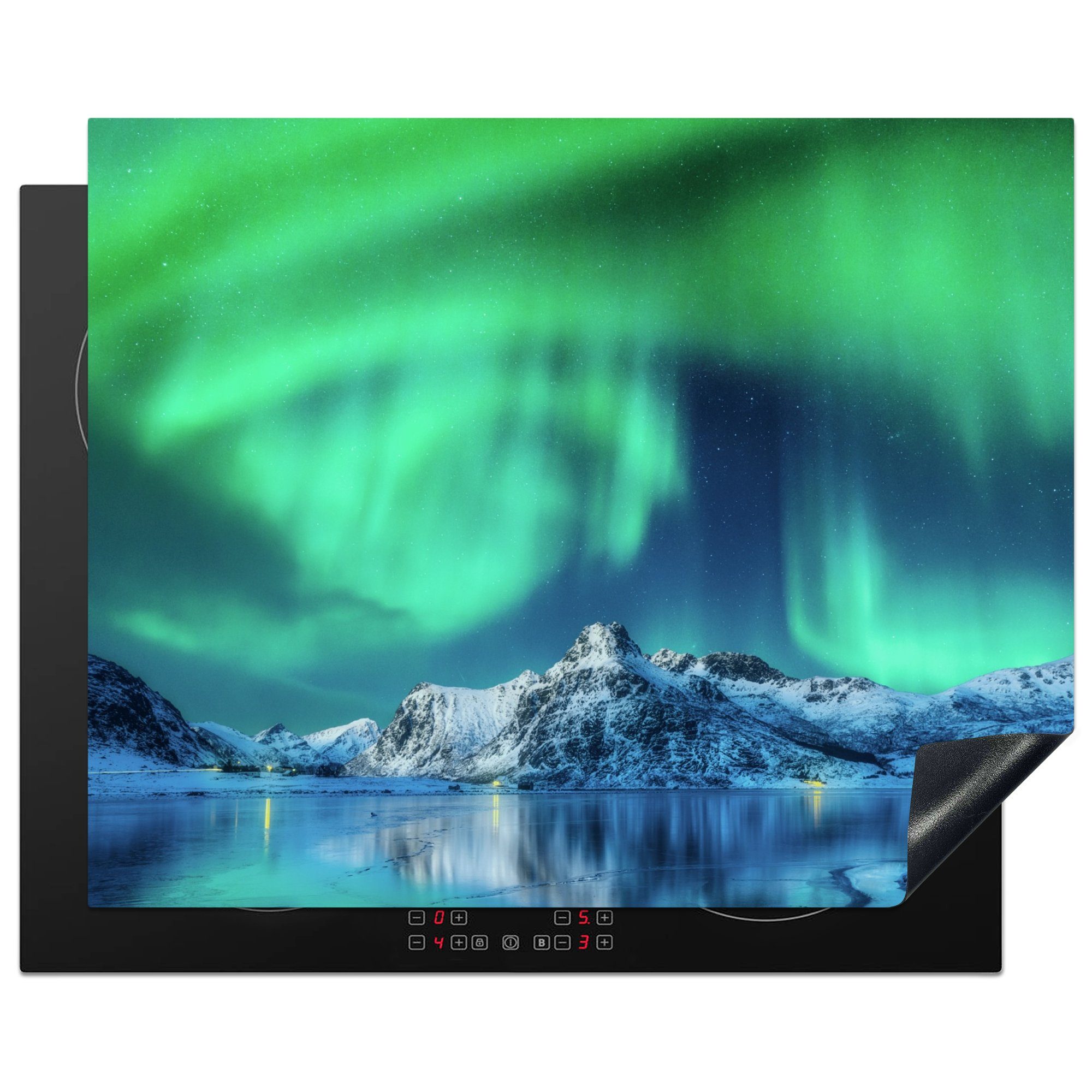 MuchoWow Herd-Abdeckplatte Nordlichter - Berg - Schnee, Vinyl, (1 tlg), Abdeckung Induktionskochfeld Schutzmatte, Küche Deko, 65x52 cm