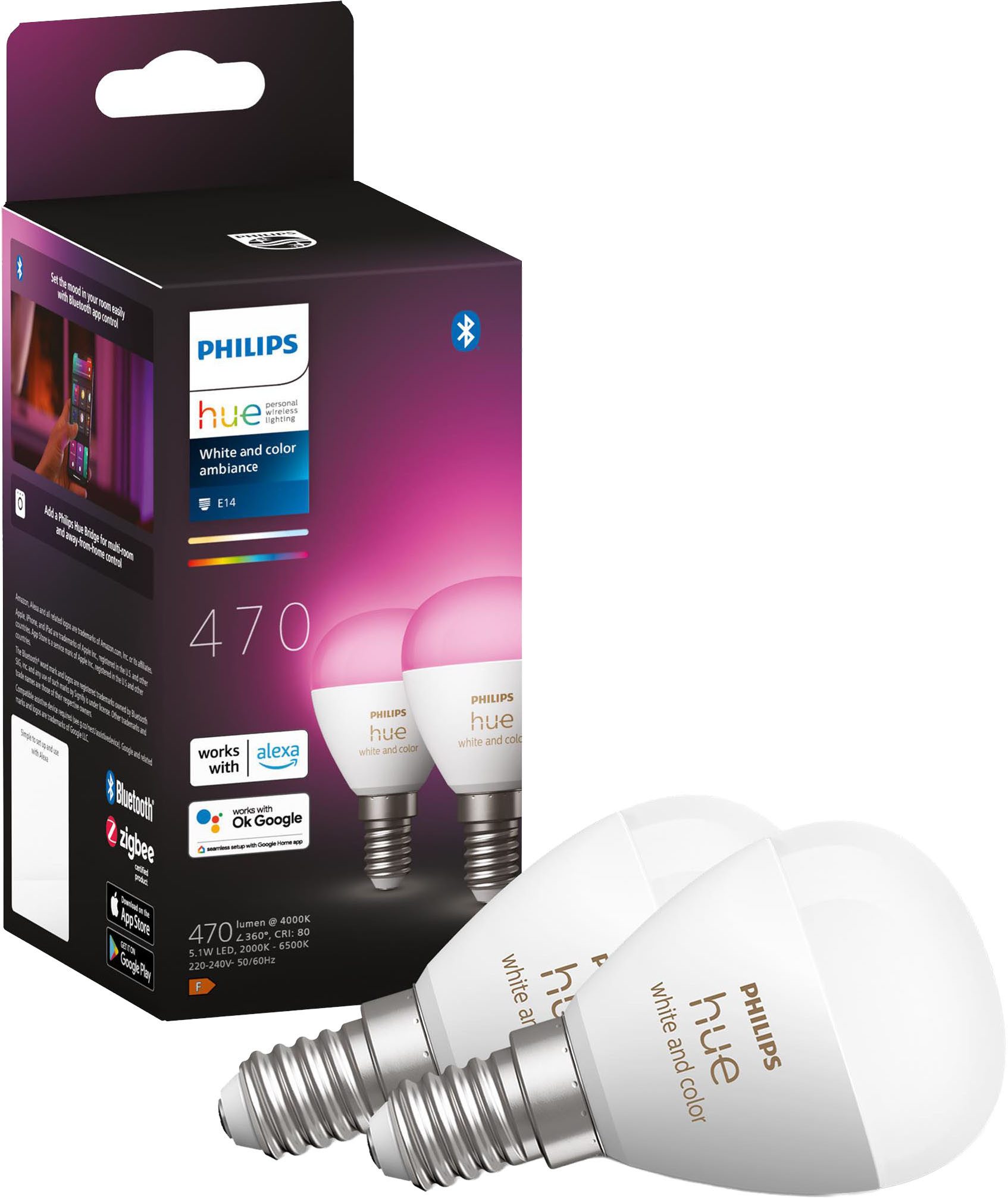 Philips Hue LED-Leuchtmittel White / White & Color Ambiance Luster, Tropfenform 470lm, 2er-Set, E14, 2 St., Farbwechsler