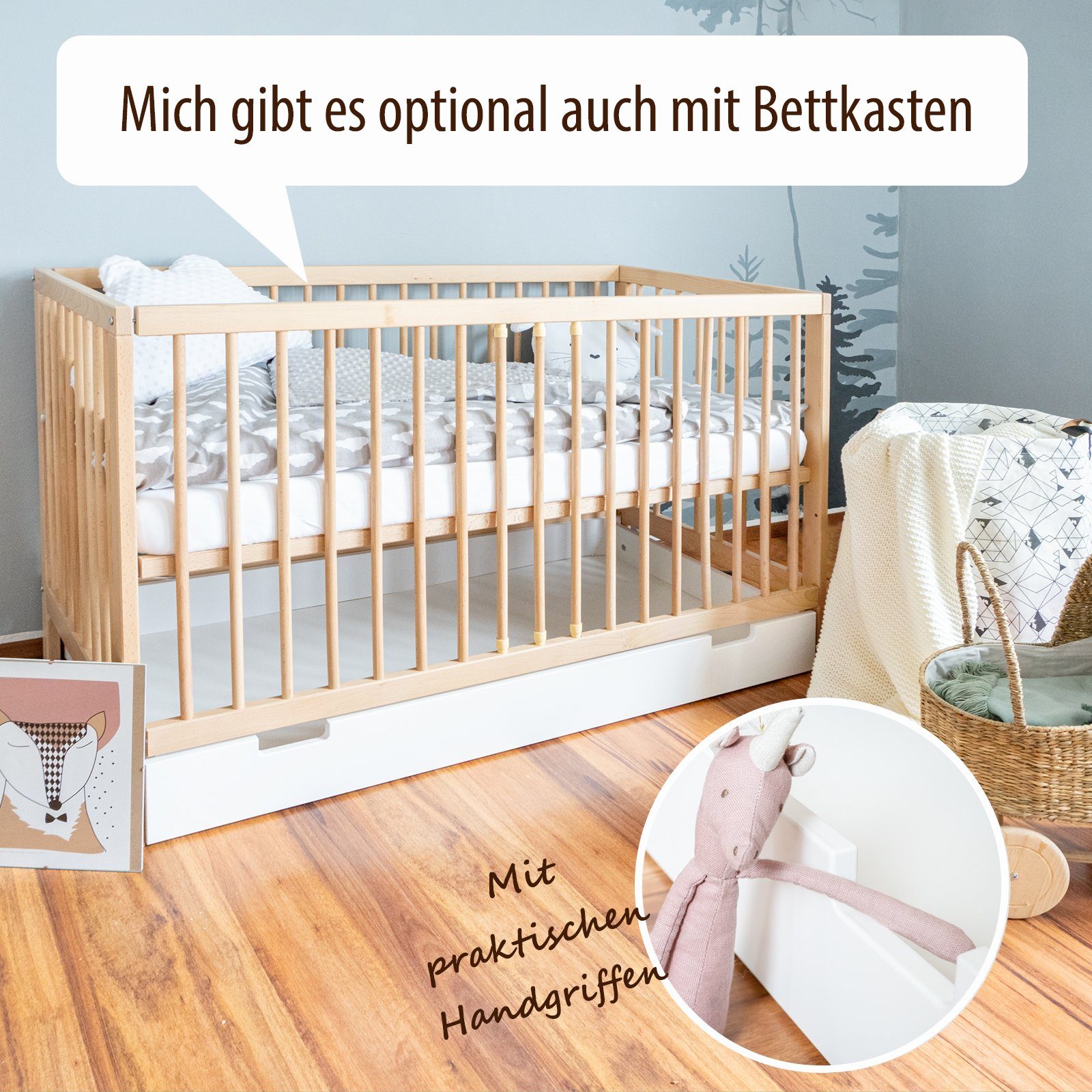 Alcube Babybett »"TONI" 60x120 cm I 70x140 cm«, mit Matratze ohne Schublade  Juniorbettfunktion in Natur online kaufen | OTTO